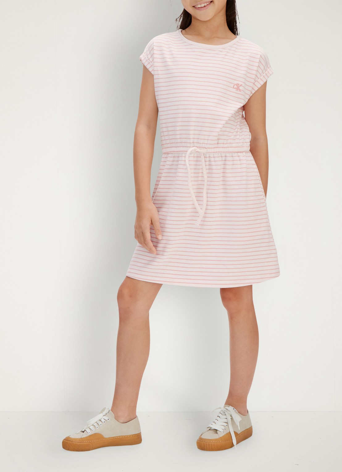 Calvin Klein Mini jurk met streepprint en steekzakken - voorkant 5 roze