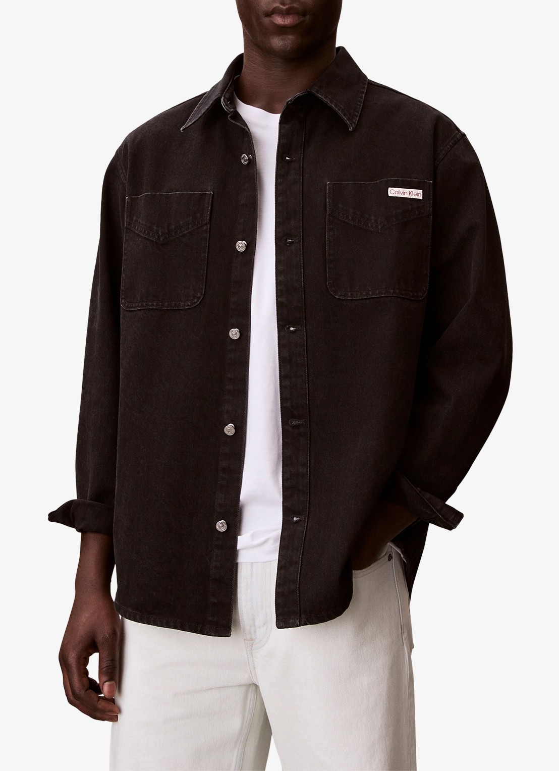 Calvin Klein Overshirt van denim met borstzakken - detail 4 zwart
