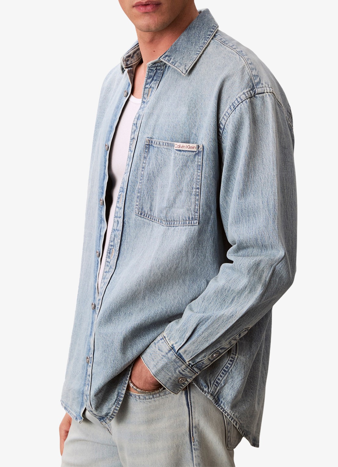 Calvin Klein Oversized overshirt van denim - detail 4 pale blue stone-3y7 / blauw