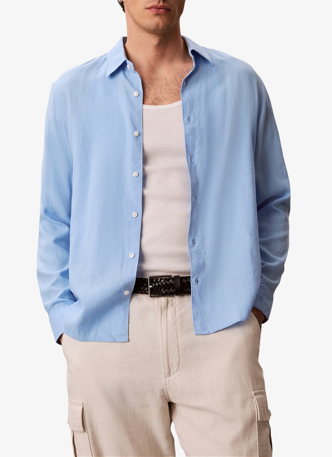 Calvin Klein Regular fit overhemd in linnenblend - detail 3 lichtblauw