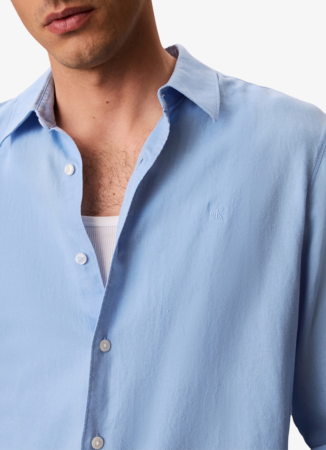 Calvin Klein Regular fit overhemd in linnenblend - detail 4 lichtblauw