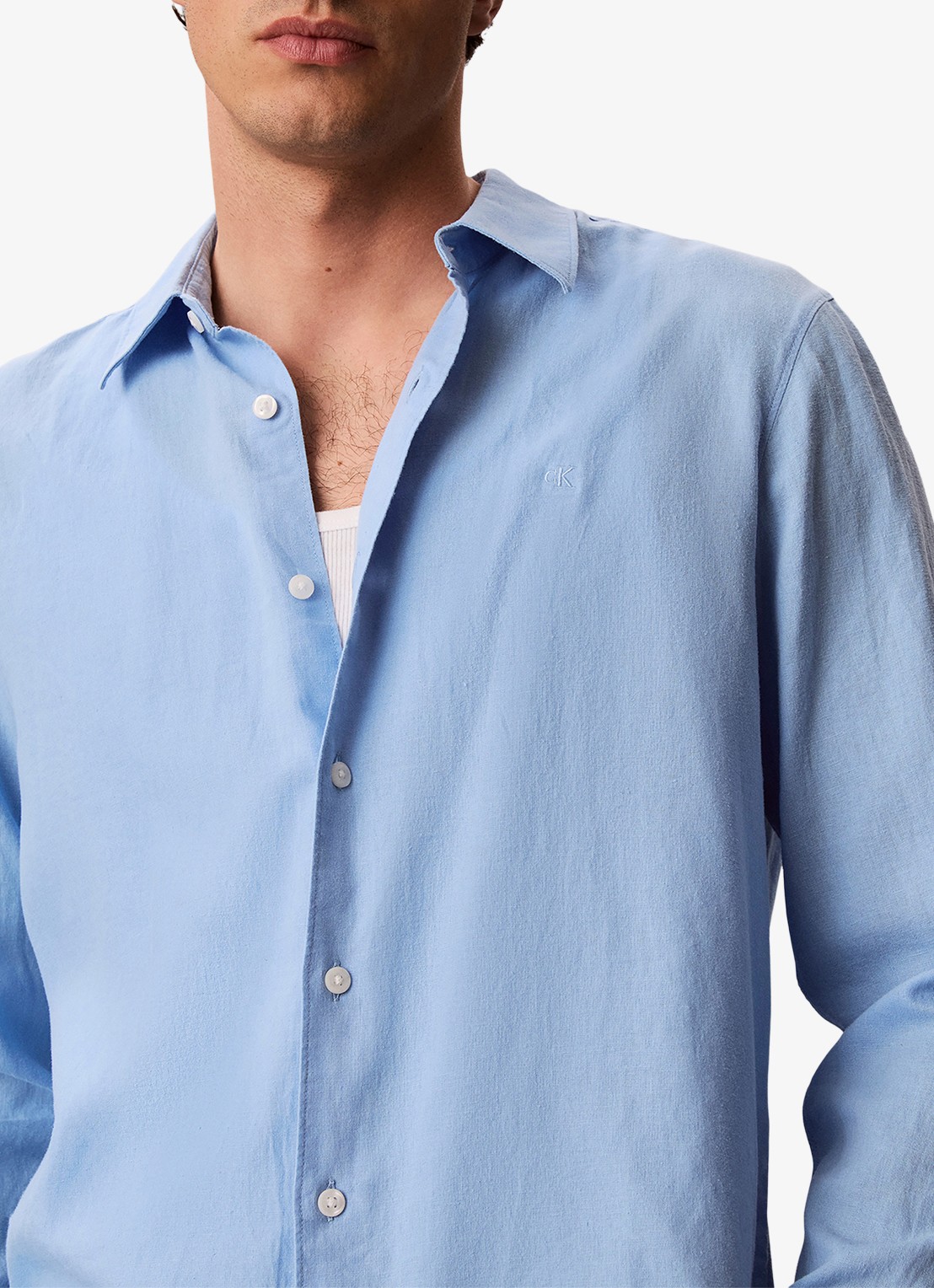 Calvin Klein Regular fit overhemd in linnenblend - detail 5 lichtblauw