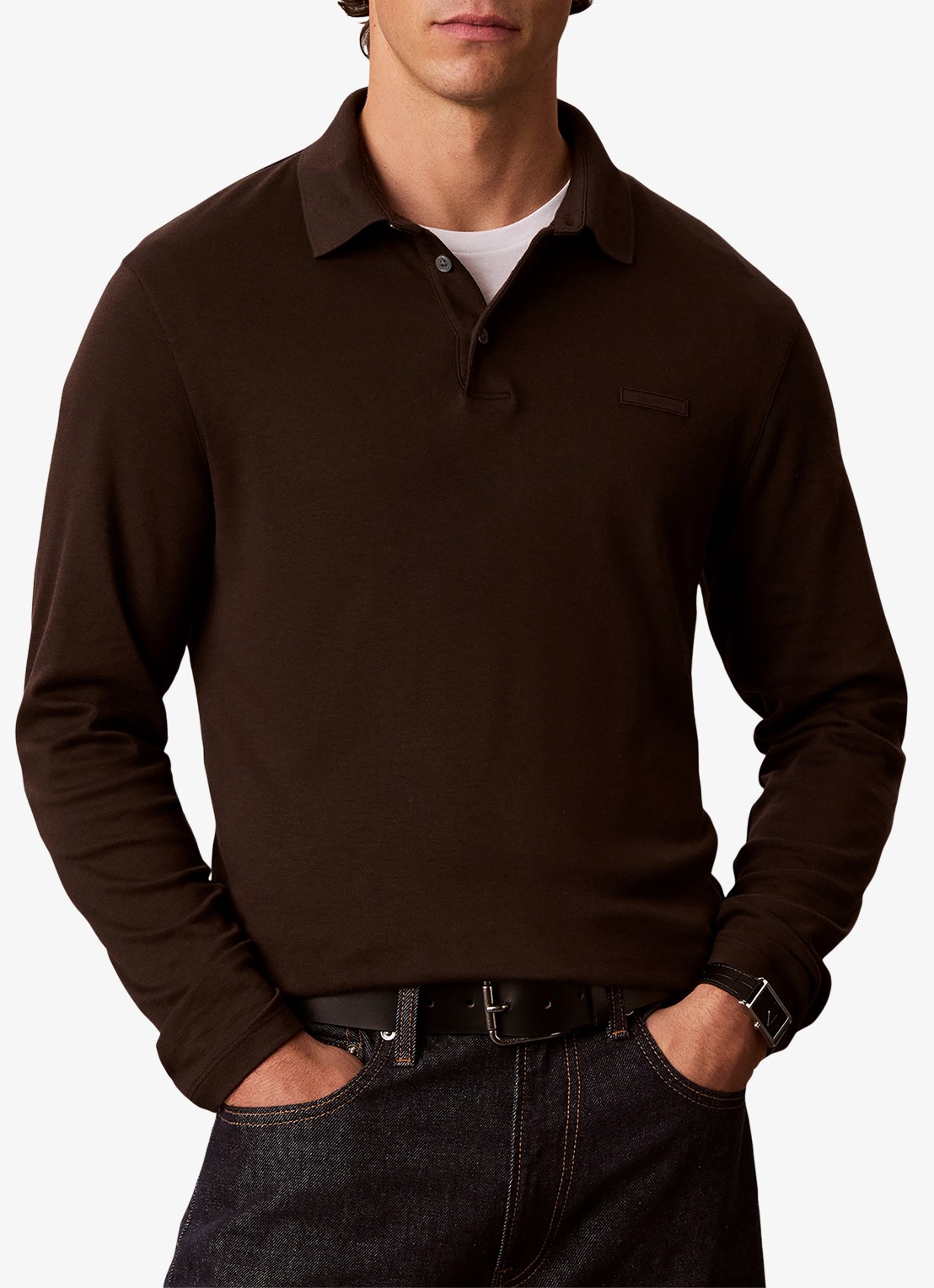 Calvin Klein Regular fit polo met logoborduring - detail 3 donkerbruin