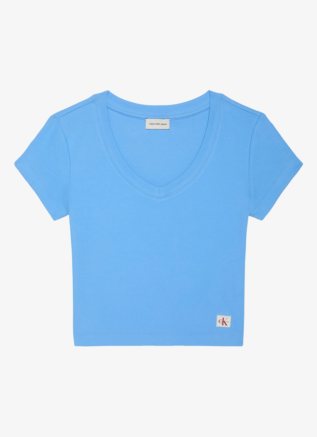 Calvin Klein Ribgebreid cropped T-shirt met V-hals - voorkant 2 marina-cg1 /  blauw