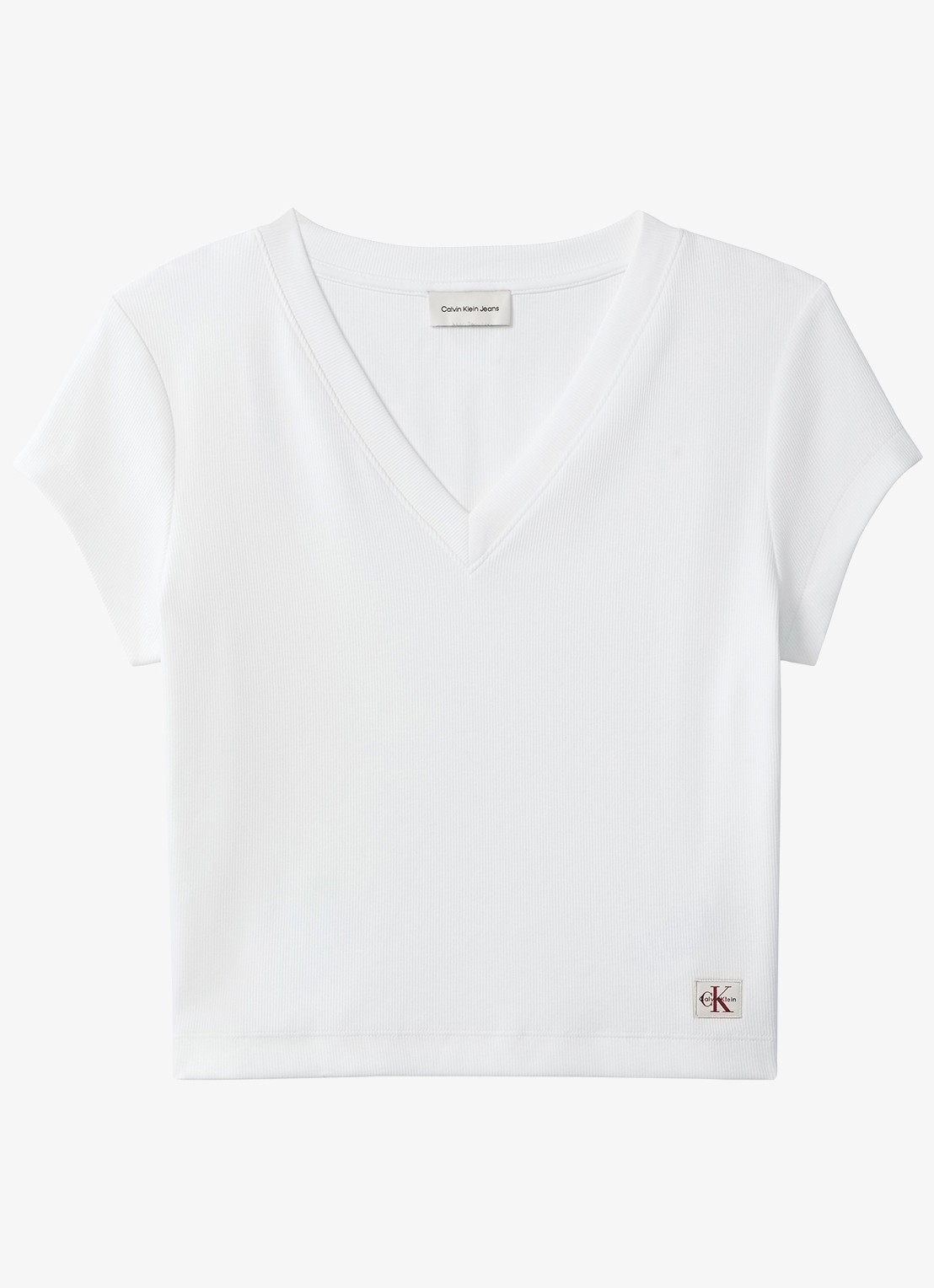 Calvin Klein Ribgebreid cropped T-shirt met V-hals - voorkant 4 bright white-yaa /  wit