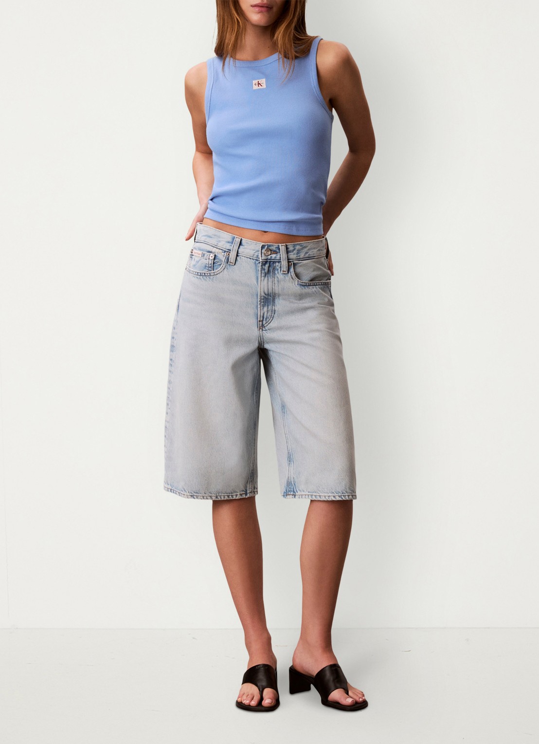 Calvin Klein Ribgebreide tanktop met logo - voorkant 3 blauw