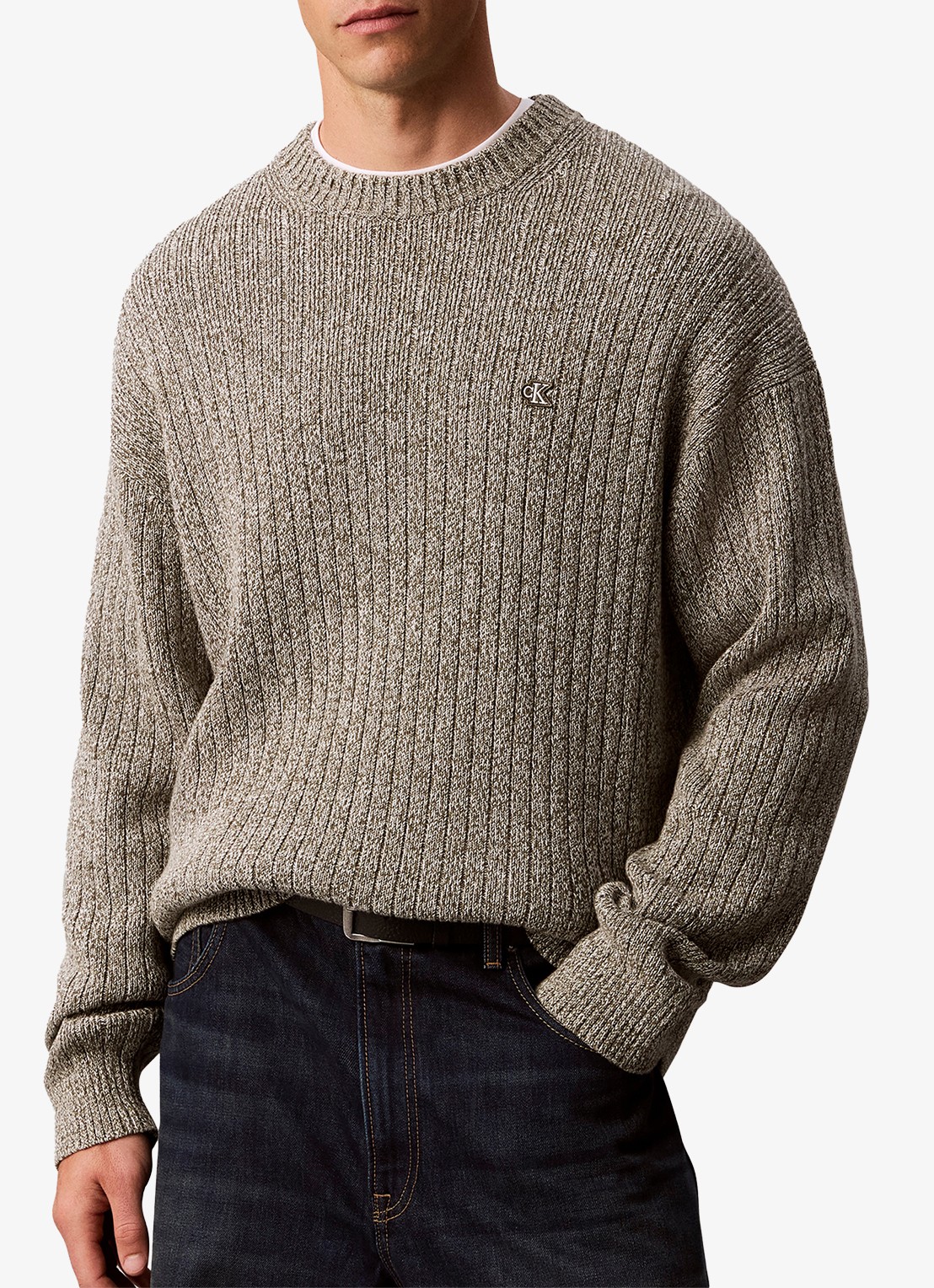 Calvin Klein Ribgebreide trui met logo - detail olijfgroen