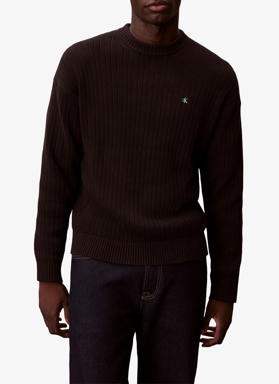 Calvin Klein Ribgebreide trui met logoborduring - detail zwart