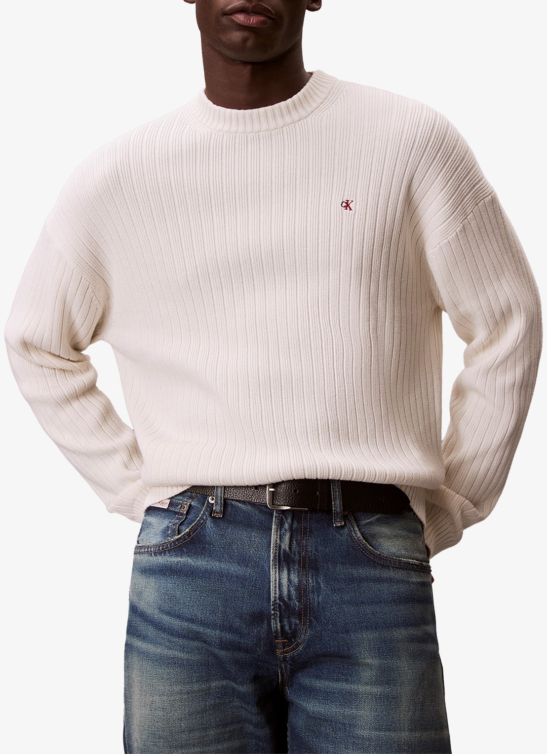 Calvin Klein Ribgebreide trui met logoborduring - detail 4 ivoor