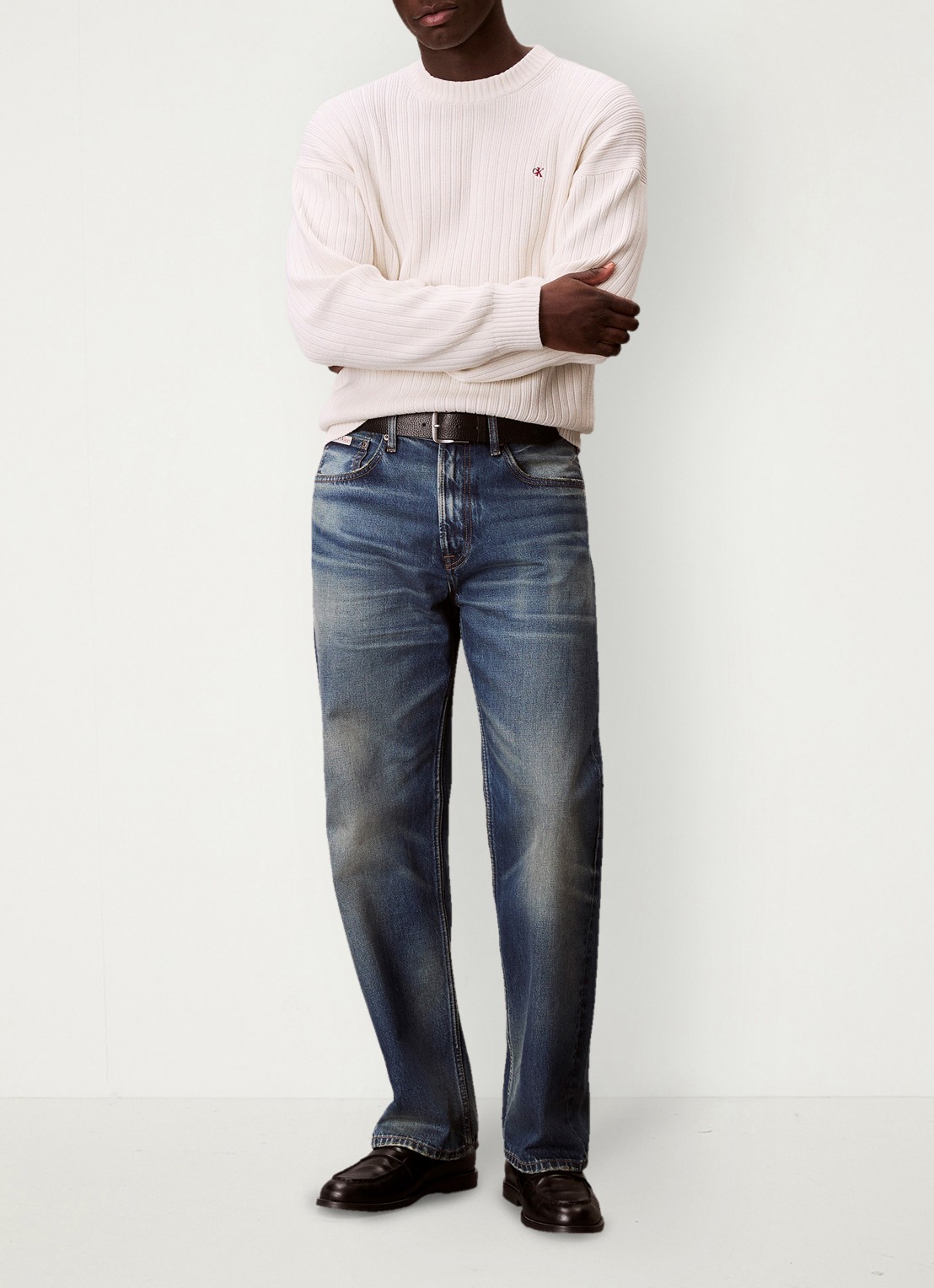 Calvin Klein Ribgebreide trui met logoborduring - voorkant 2 ivoor