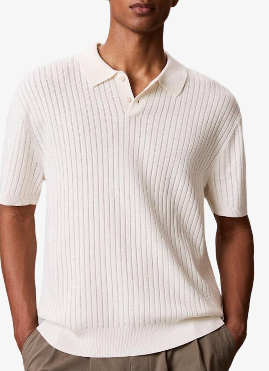 Calvin Klein Ribgebreide trui met polokraag - detail 3 tofu-yas /  wit