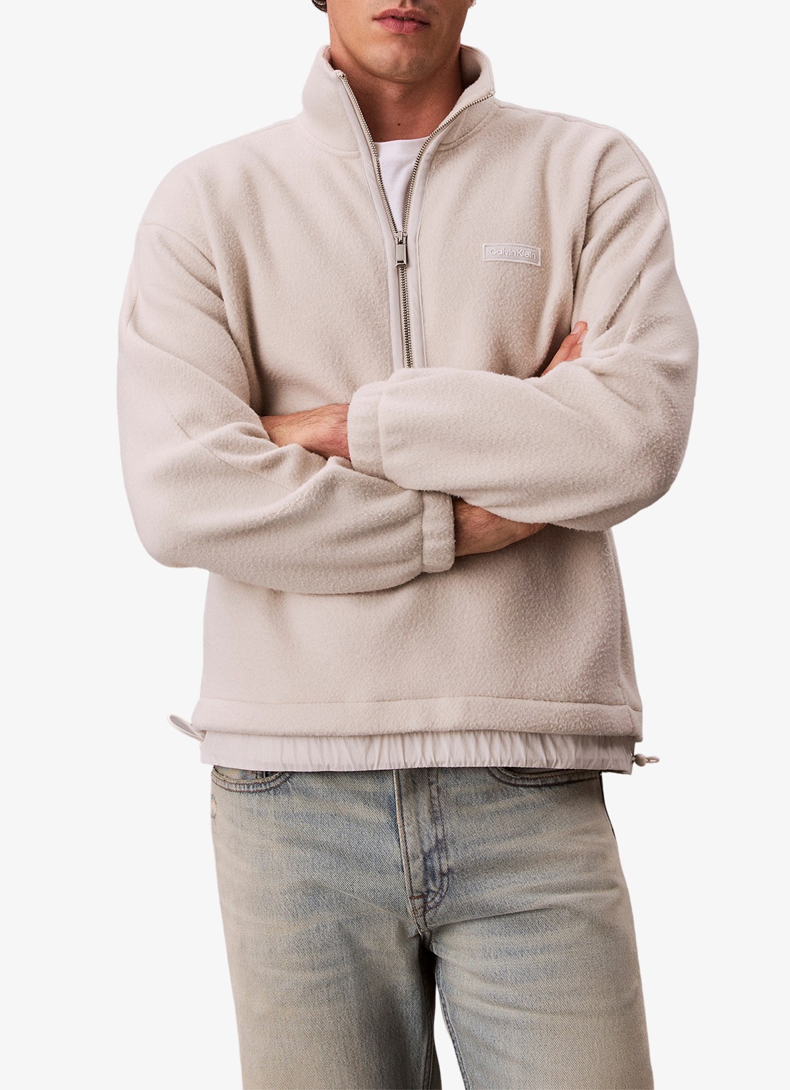 Calvin Klein Sweater met halve rits en logo - detail 4 gebroken wit