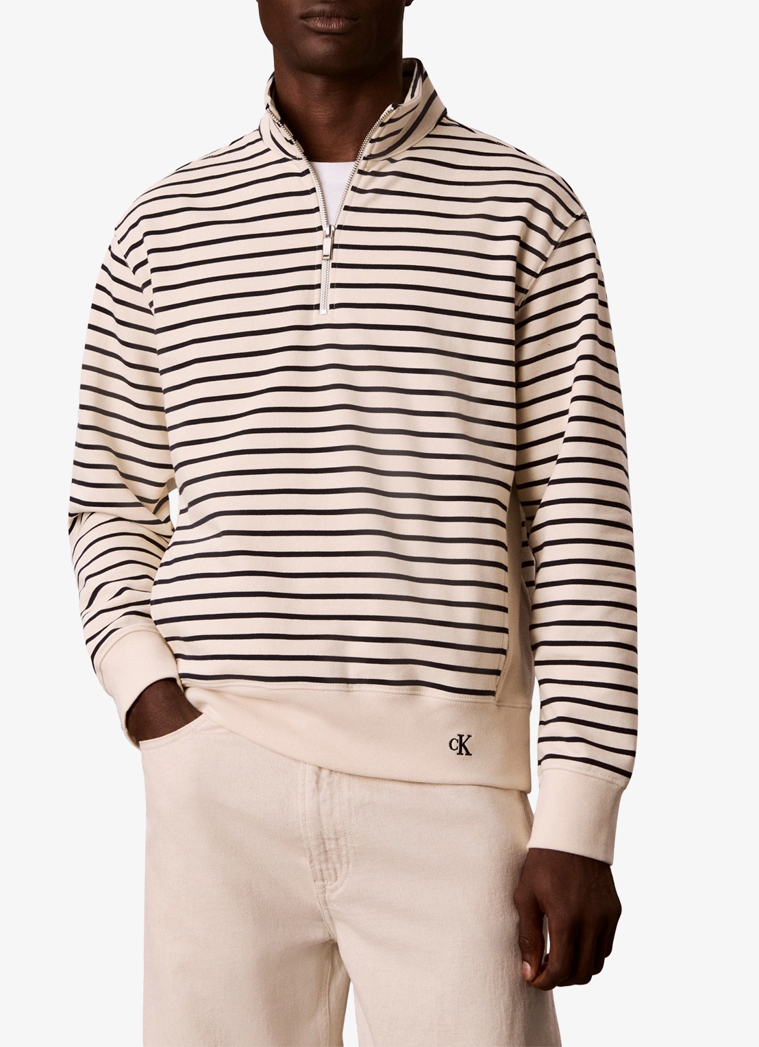 Calvin Klein Sweater met halve rits en streepprint - voorkant 4 gebroken wit