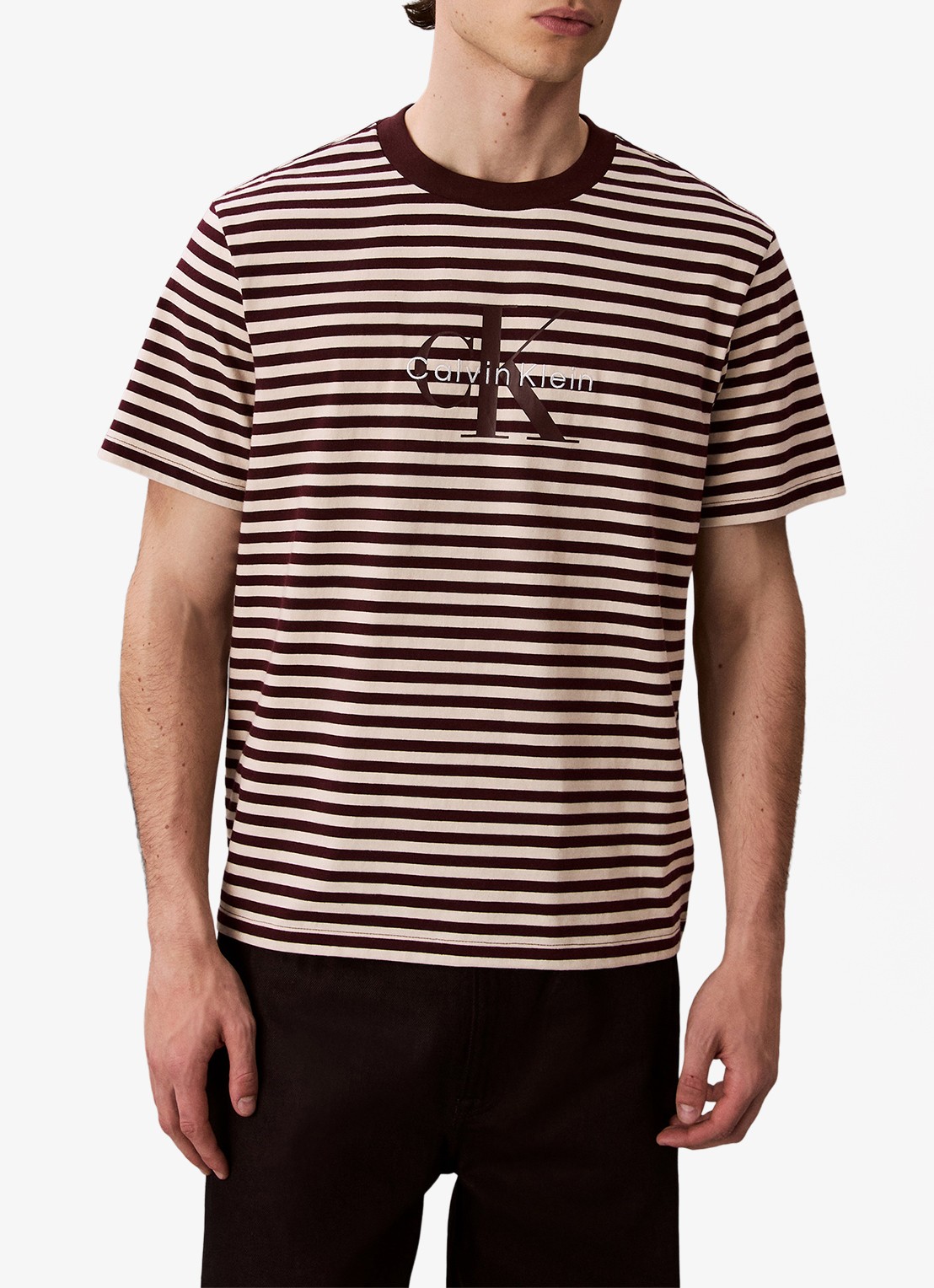 Calvin Klein T-shirt met streepprint en logo - detail 4 bruin