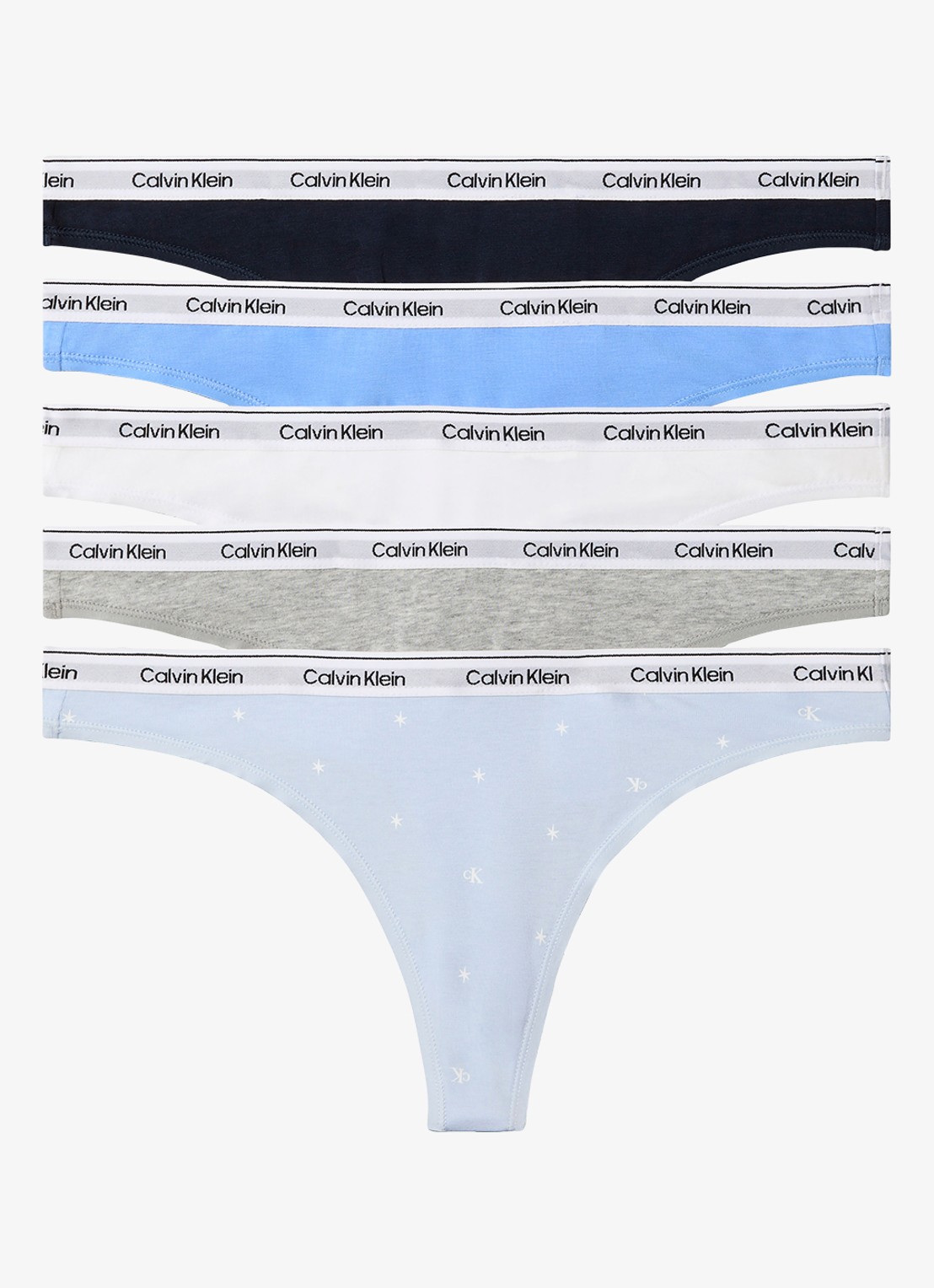 Calvin Klein Tanga met logoband in 5-pack - voorkant blauw