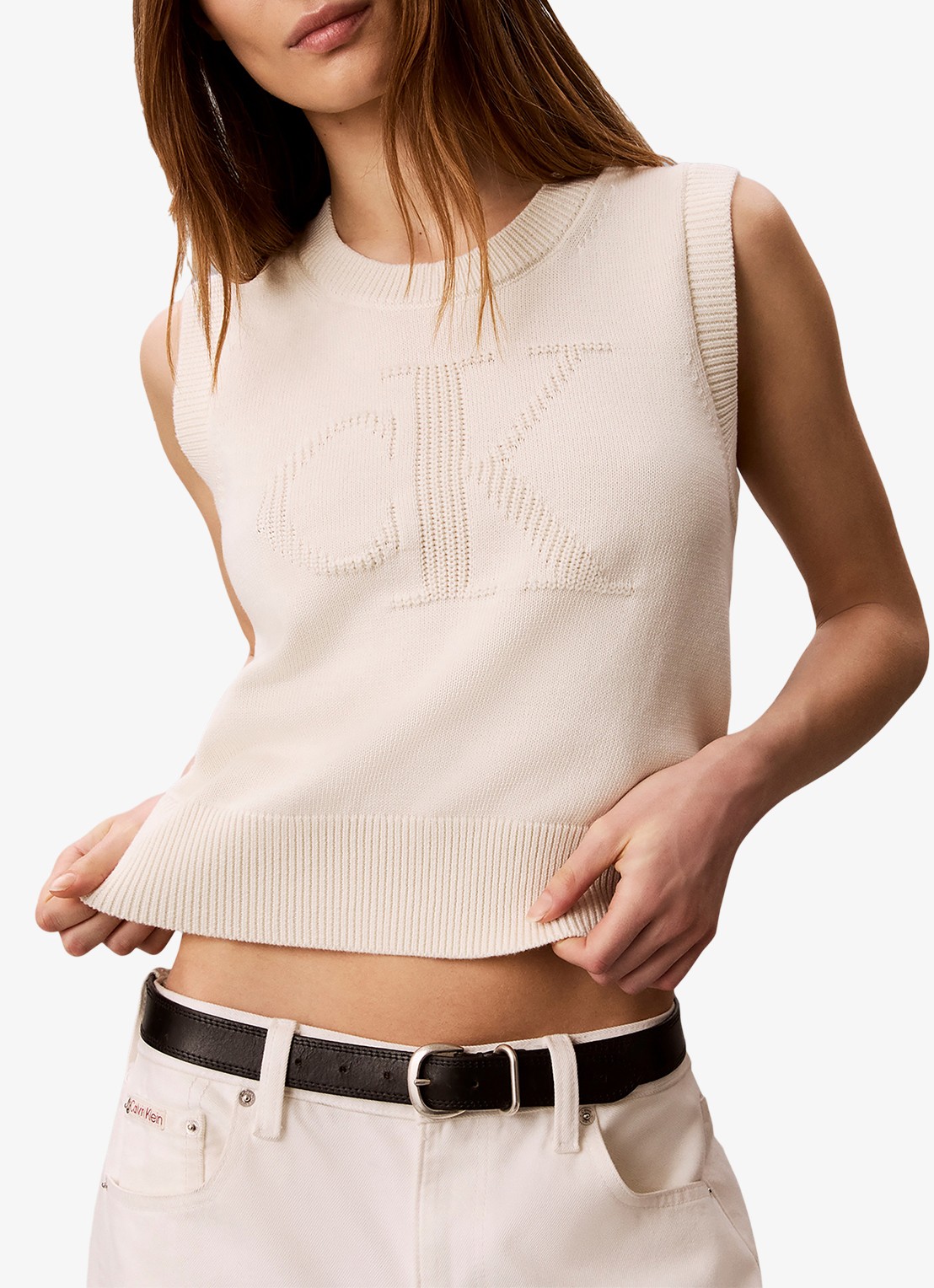 Calvin Klein Tanktop met ingebreid logo - detail 3 creme