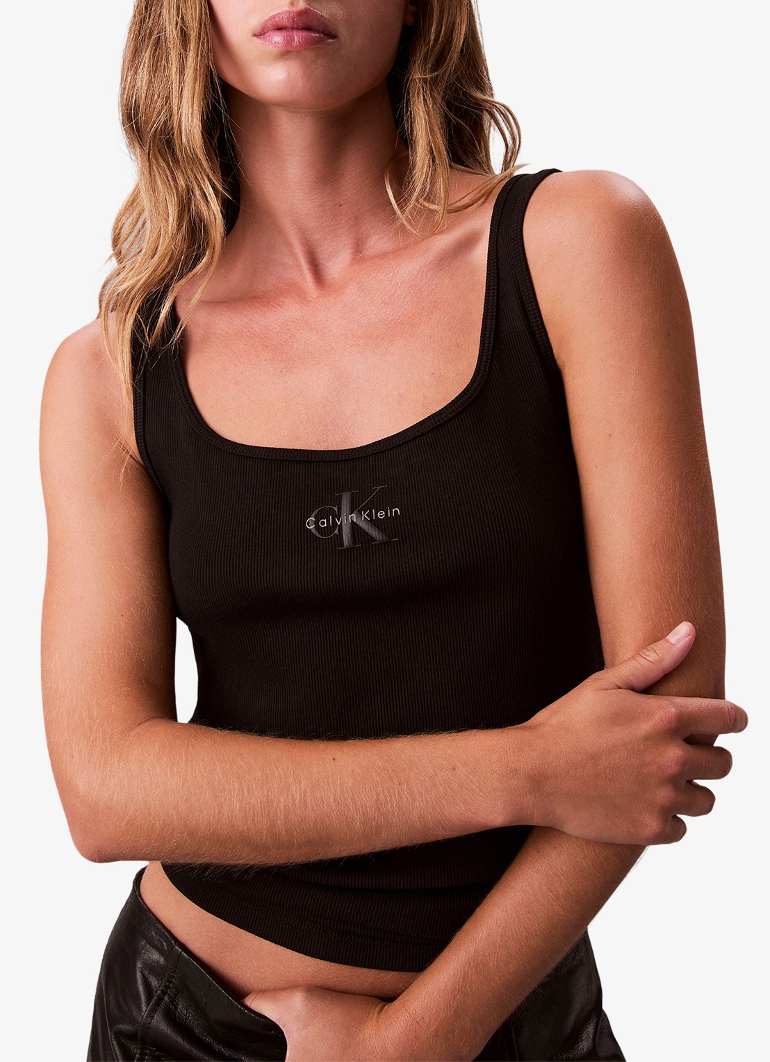 Calvin Klein Tanktop met logoborduring en ribstructuur - detail zwart
