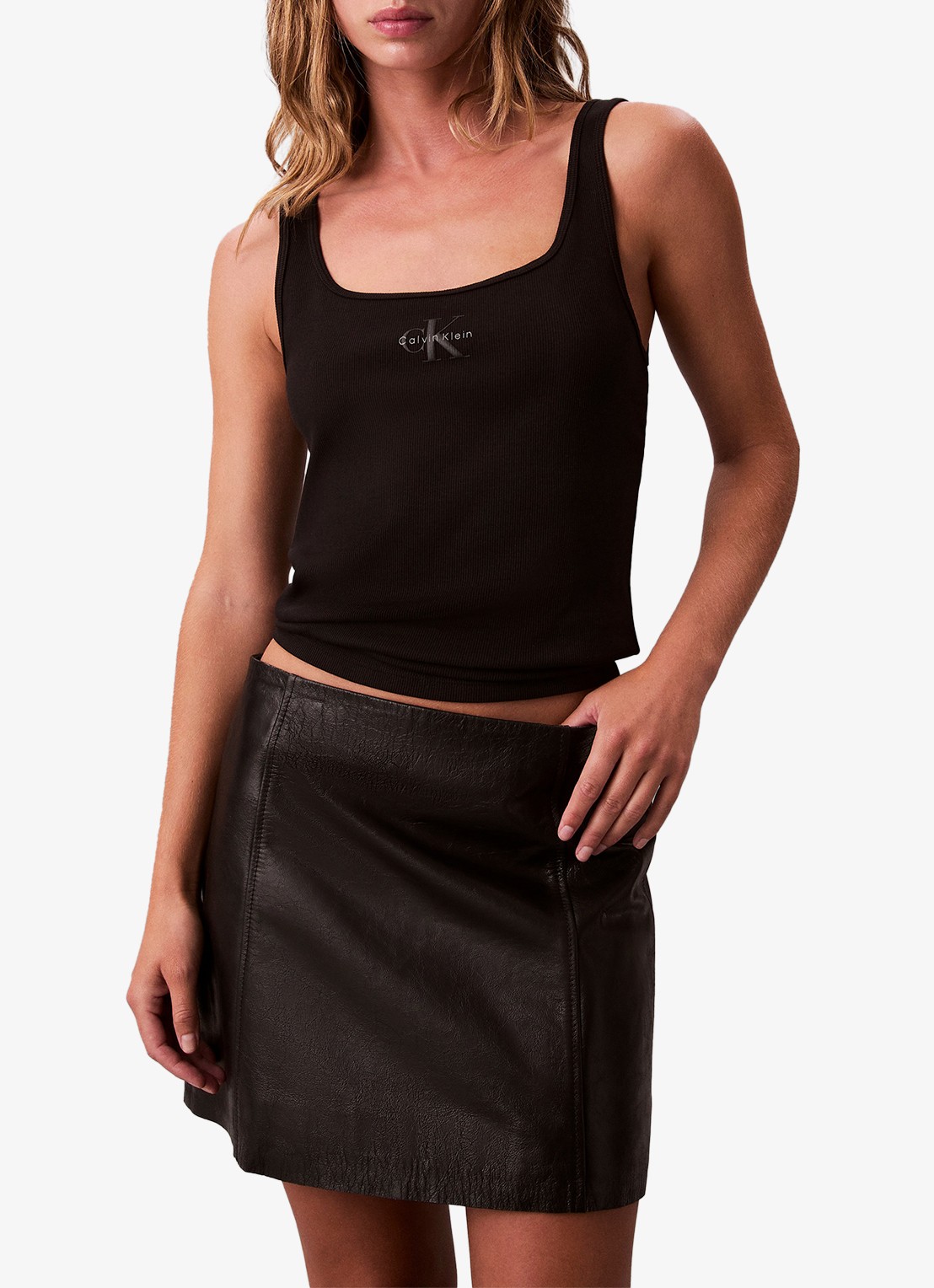 Calvin Klein Tanktop met logoborduring en ribstructuur - voorkant 5 zwart