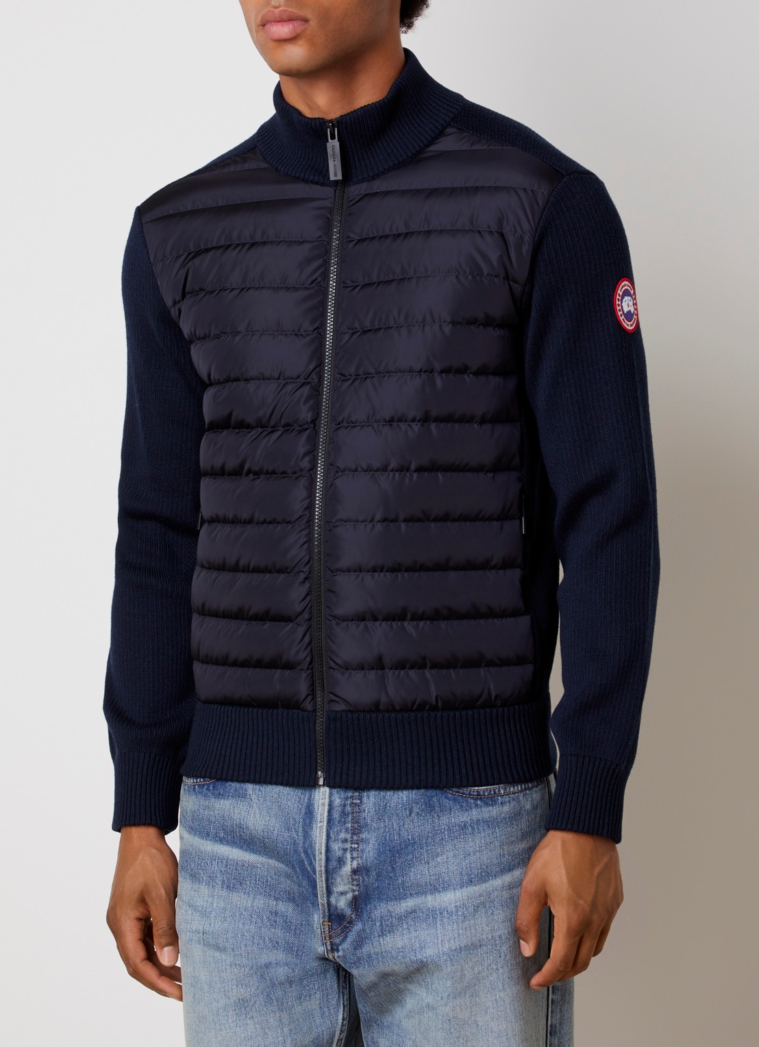 Canada Goose Hybridge ribgebreid vest van wol met gewatteerd voorpand - detail 7 donkerblauw