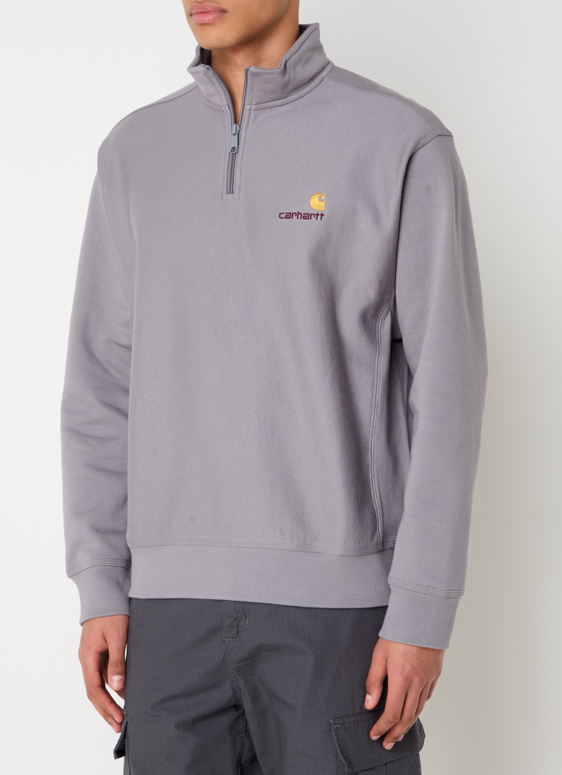 Carhartt WIP American Script sweater met halve rits en logo - detail grijs