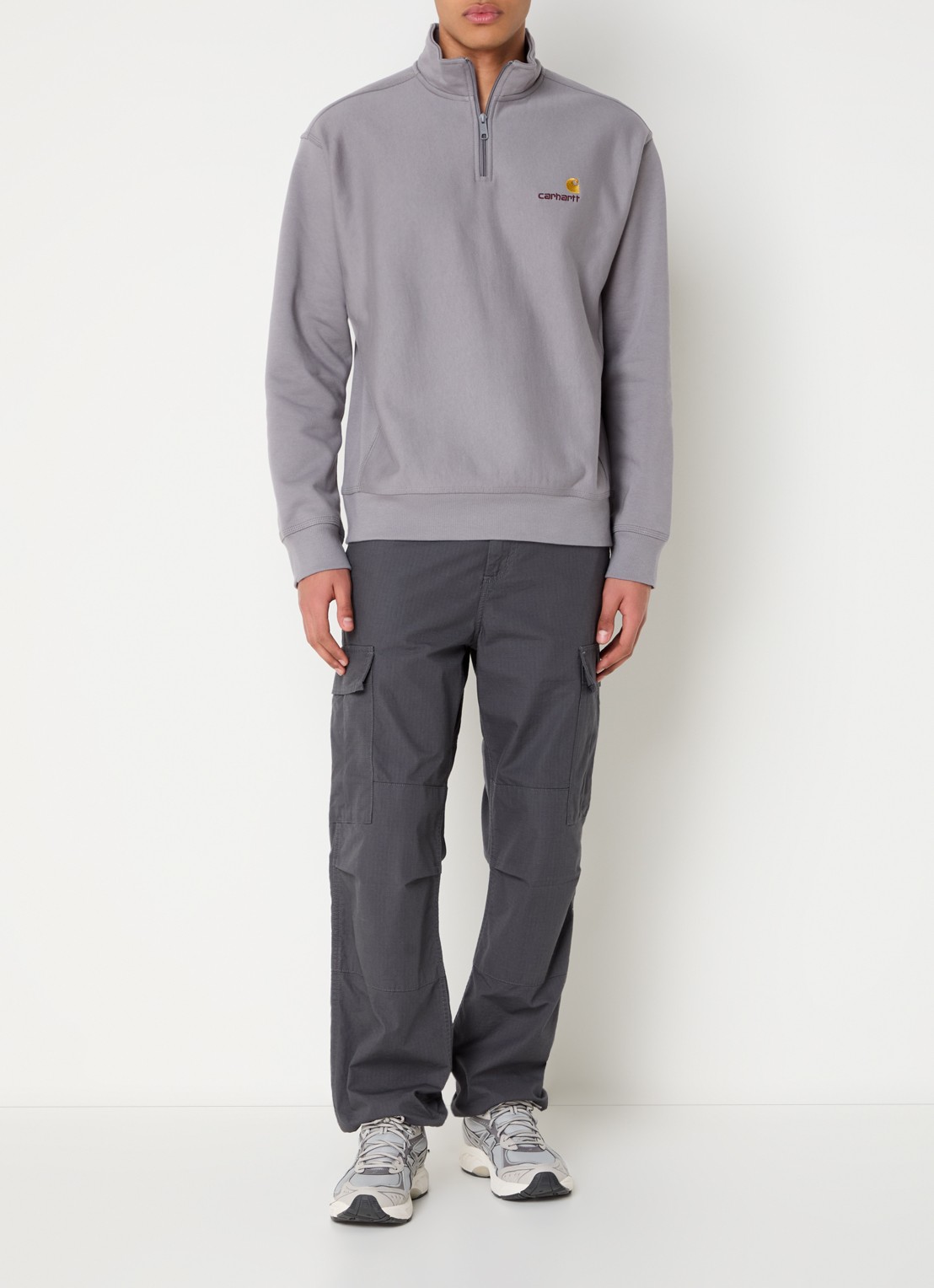 Carhartt WIP American Script sweater met halve rits en logo - voorkant 3 grijs