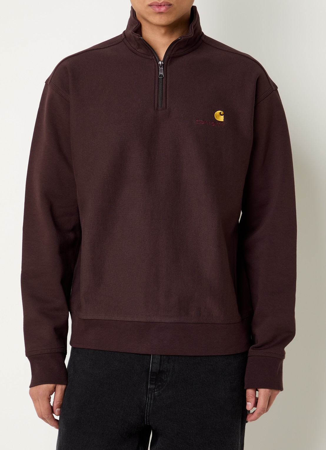 Carhartt WIP American Script sweater met halve rits en logo - detail 4 donkerbruin