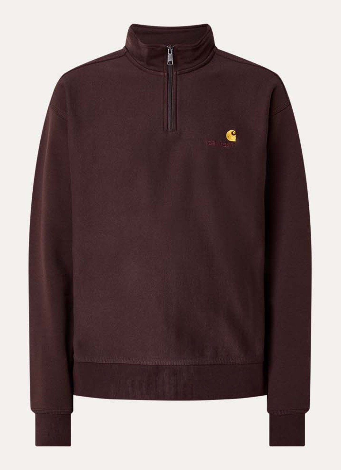 Carhartt WIP American Script sweater met halve rits en logo - voorkant donkerbruin