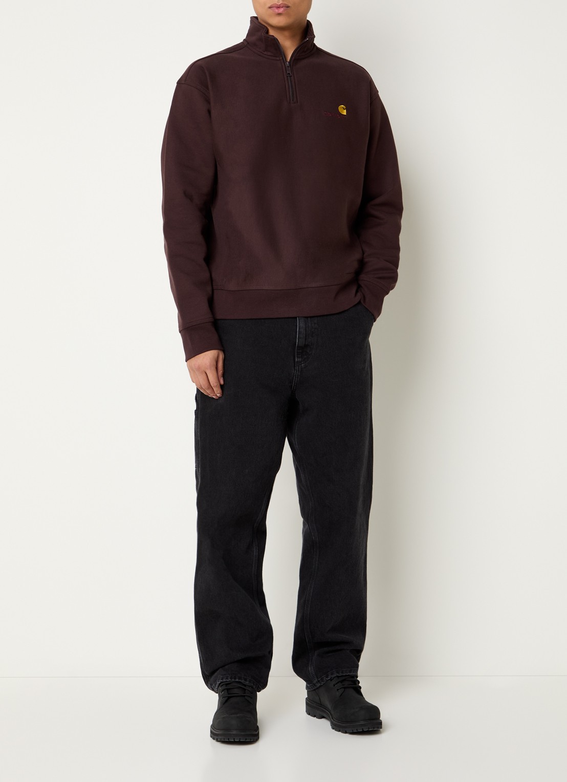 Carhartt WIP American Script sweater met halve rits en logo - voorkant 2 donkerbruin