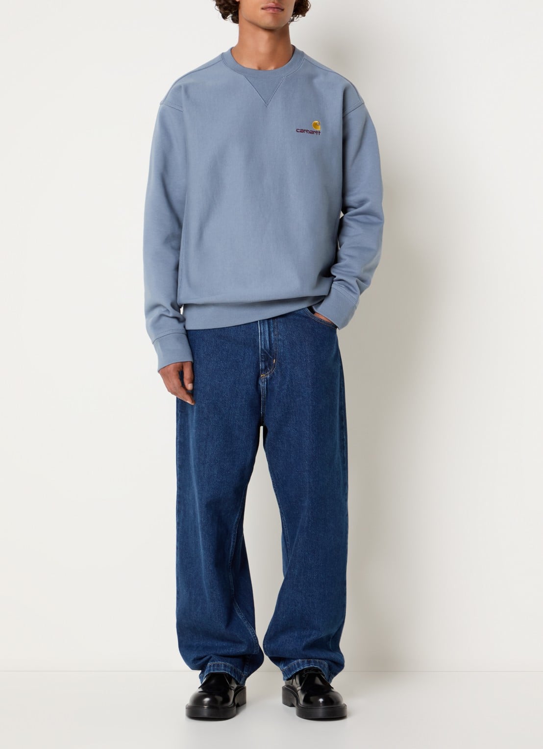 Carhartt WIP American Script sweater met logoborduring - voorkant 2 staalblauw