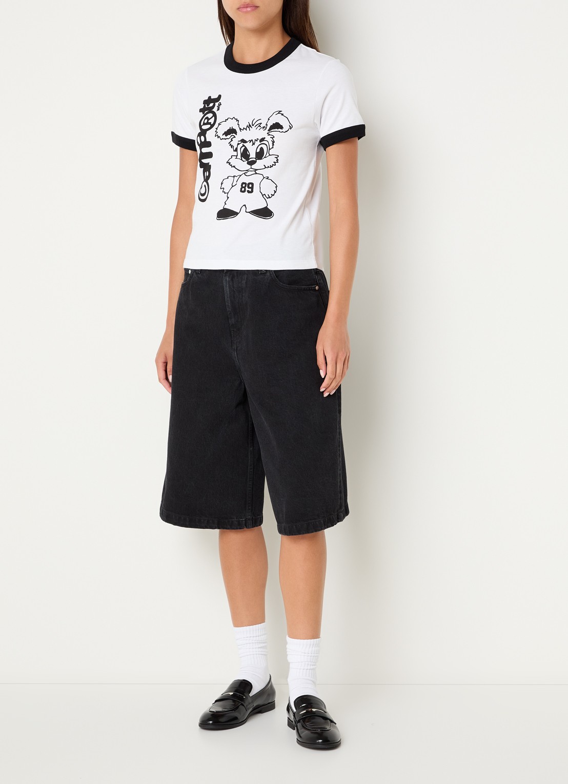 Carhartt WIP Bellmont mid waist loose fit korte broek met gespdetail - voorkant 2 zwart
