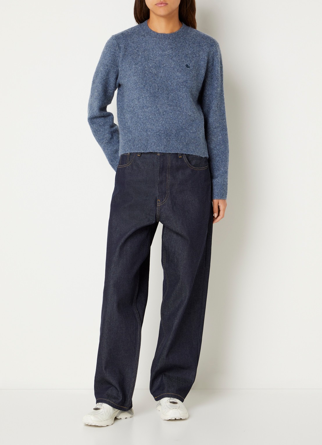 Carhartt WIP Curtis grofgebreide trui met logo - voorkant 2 blauw