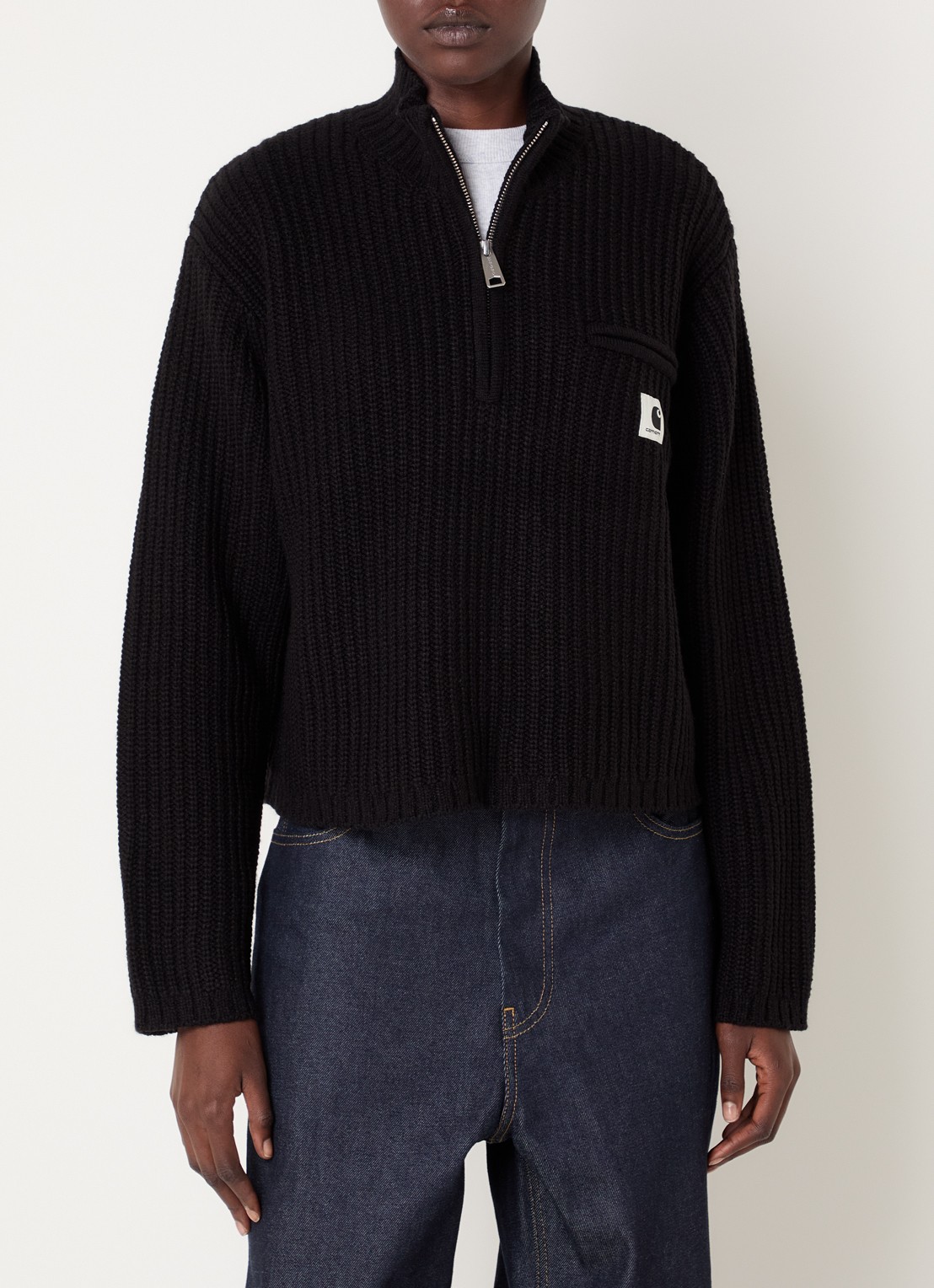 Carhartt WIP Detroit ribgebreide trui in wolblend met halve rits - detail 2 zwart