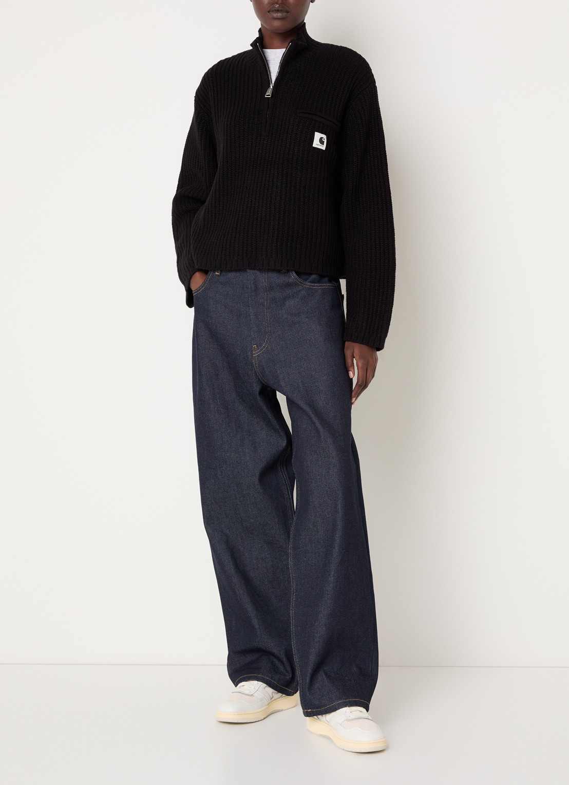 Carhartt WIP Detroit ribgebreide trui in wolblend met halve rits - voorkant 4 zwart