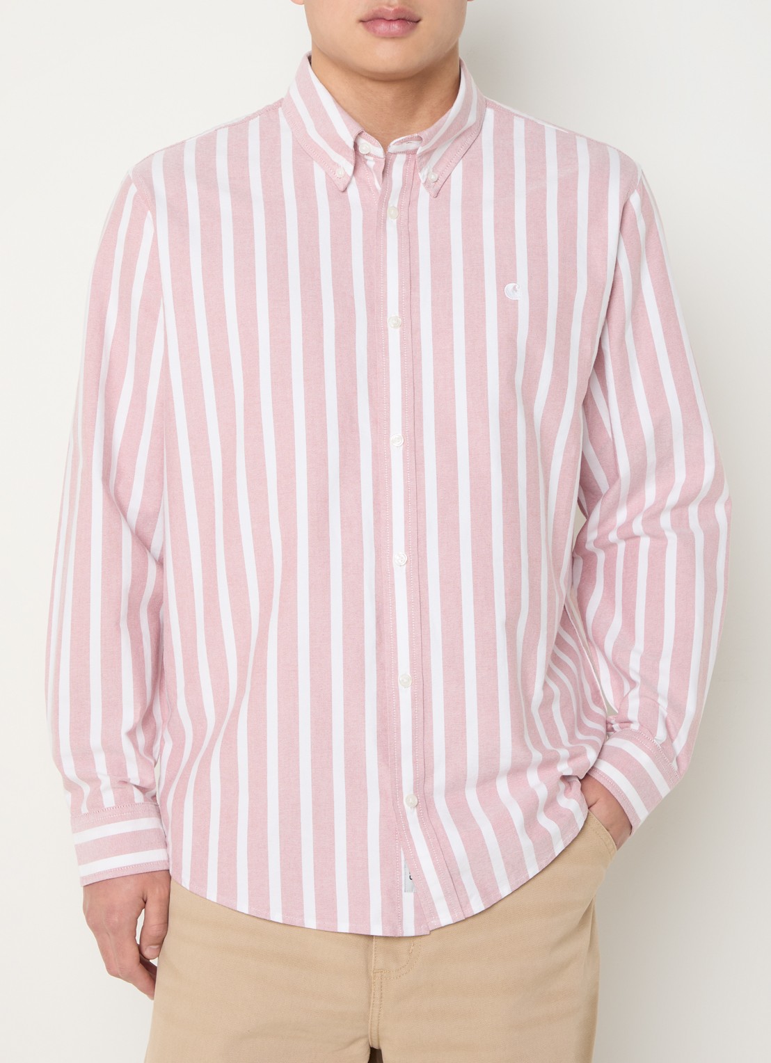 Carhartt WIP Deven regular fit overhemd met streepprint - detail lichtrood
