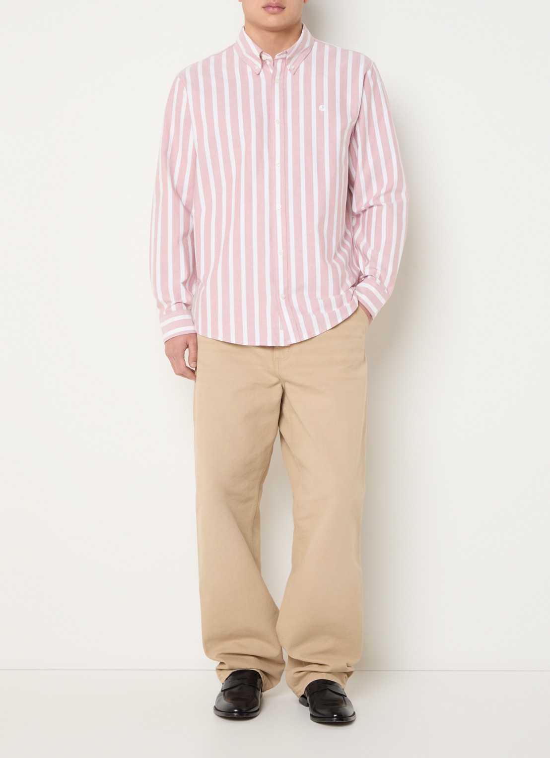 Carhartt WIP Deven regular fit overhemd met streepprint - voorkant 4 lichtrood