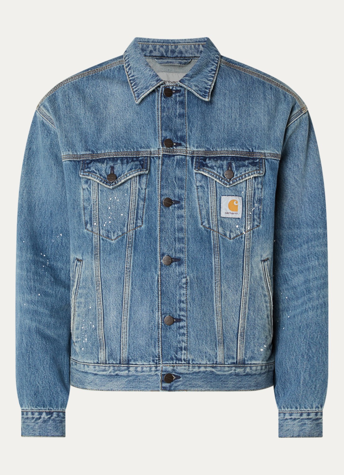 Carhartt WIP Helston spijkerjas met destroyed afwerking - voorkant indigo