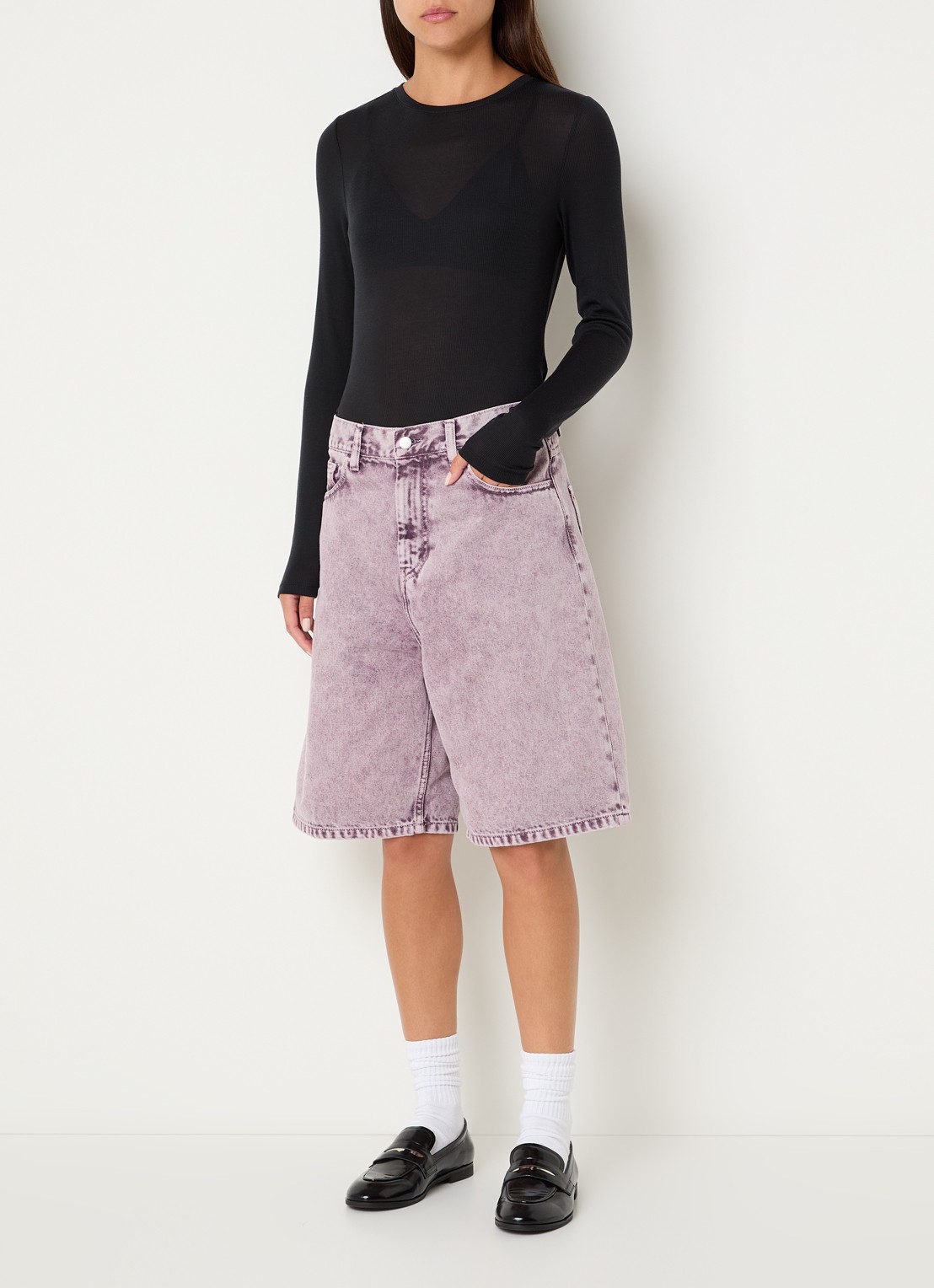 Carhartt WIP High waist wide fit korte broek van denim met donkere wassing - voorkant 2 aubergine