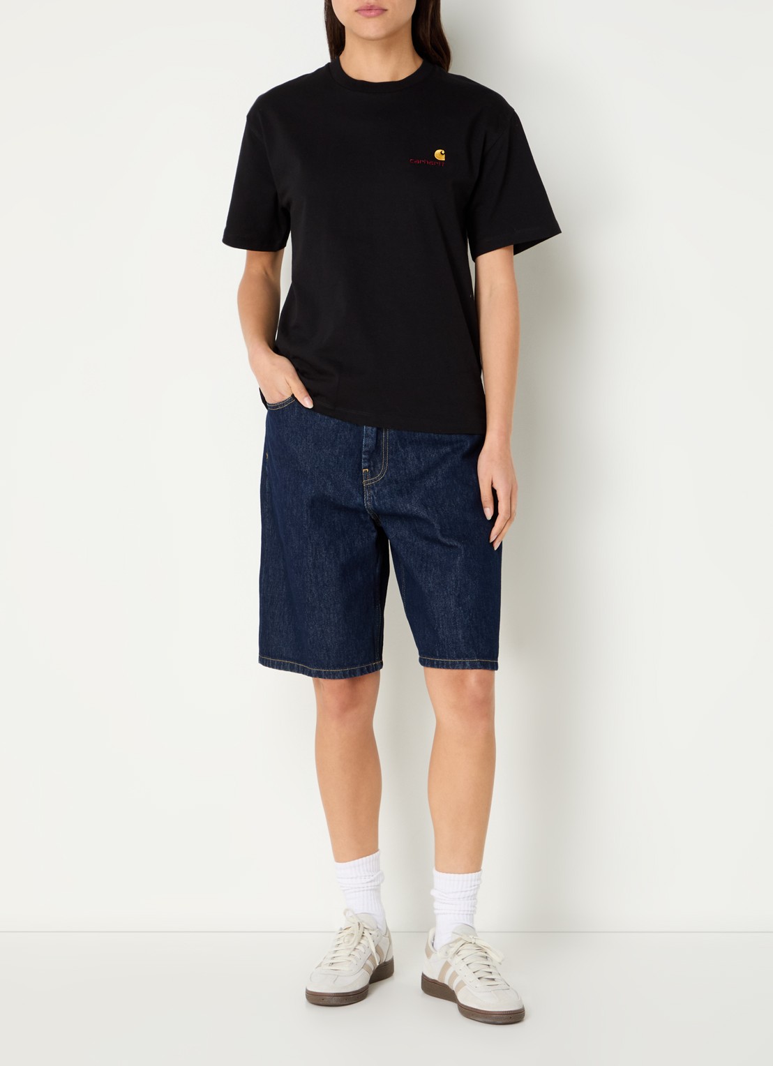 Carhartt WIP High waist wide fit korte broek van denim met donkere wassing - voorkant 2 indigo