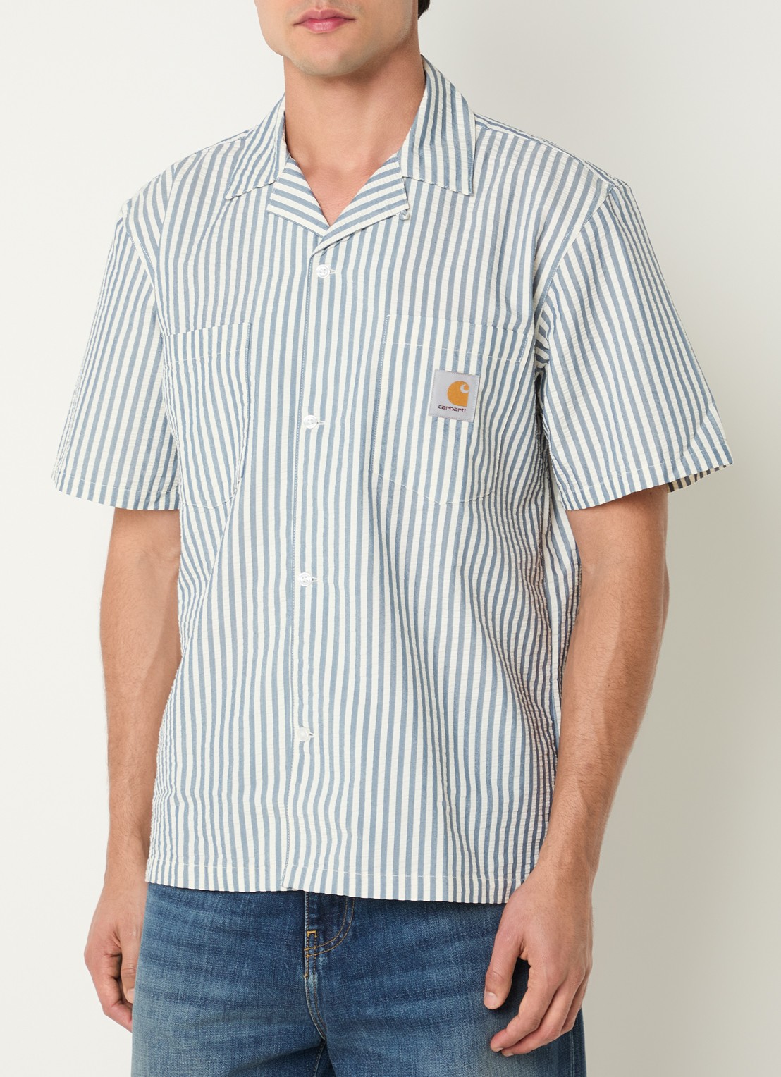 Carhartt WIP Leavel regular fit overhemd met borstzak en streepprint - detail 4 staalblauw