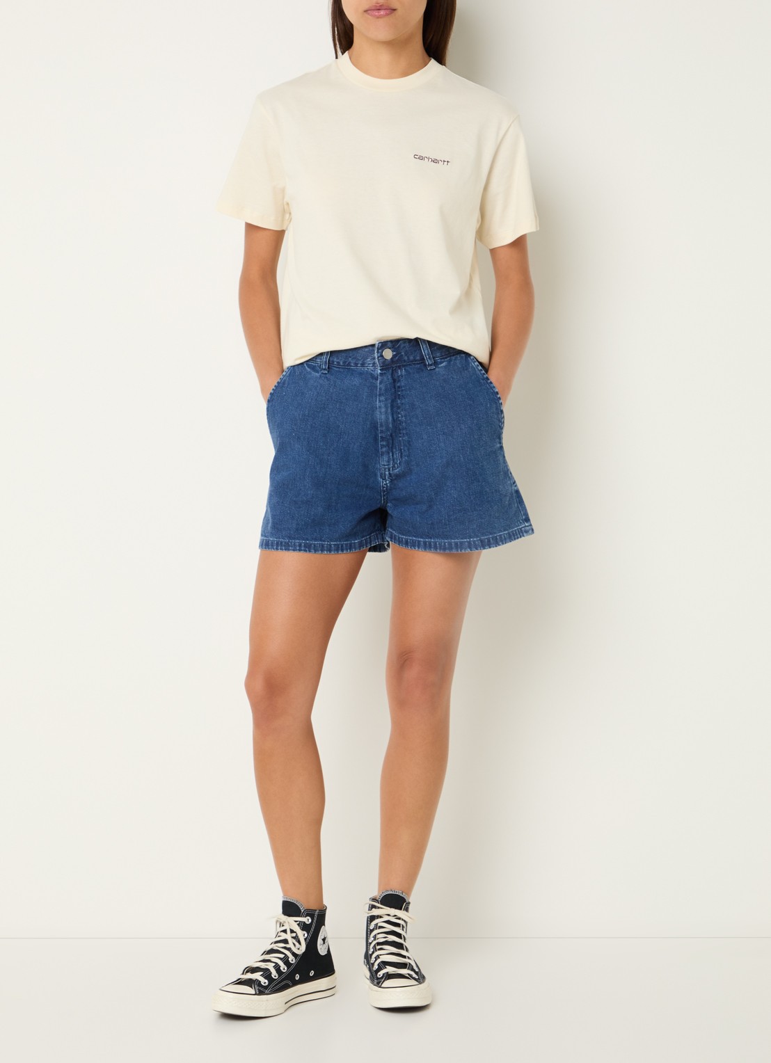Carhartt WIP Lova Low waist wide fit korte broek van denim met medium wassing - voorkant 4 indigo