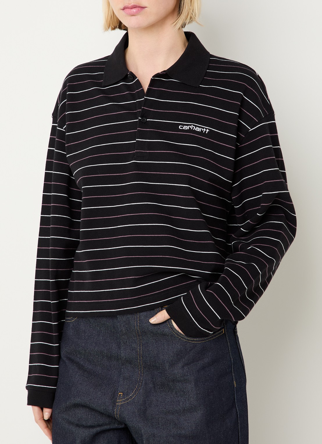 Carhartt WIP Mabel cropped polo van piqué katoen met streepprint - detail zwart