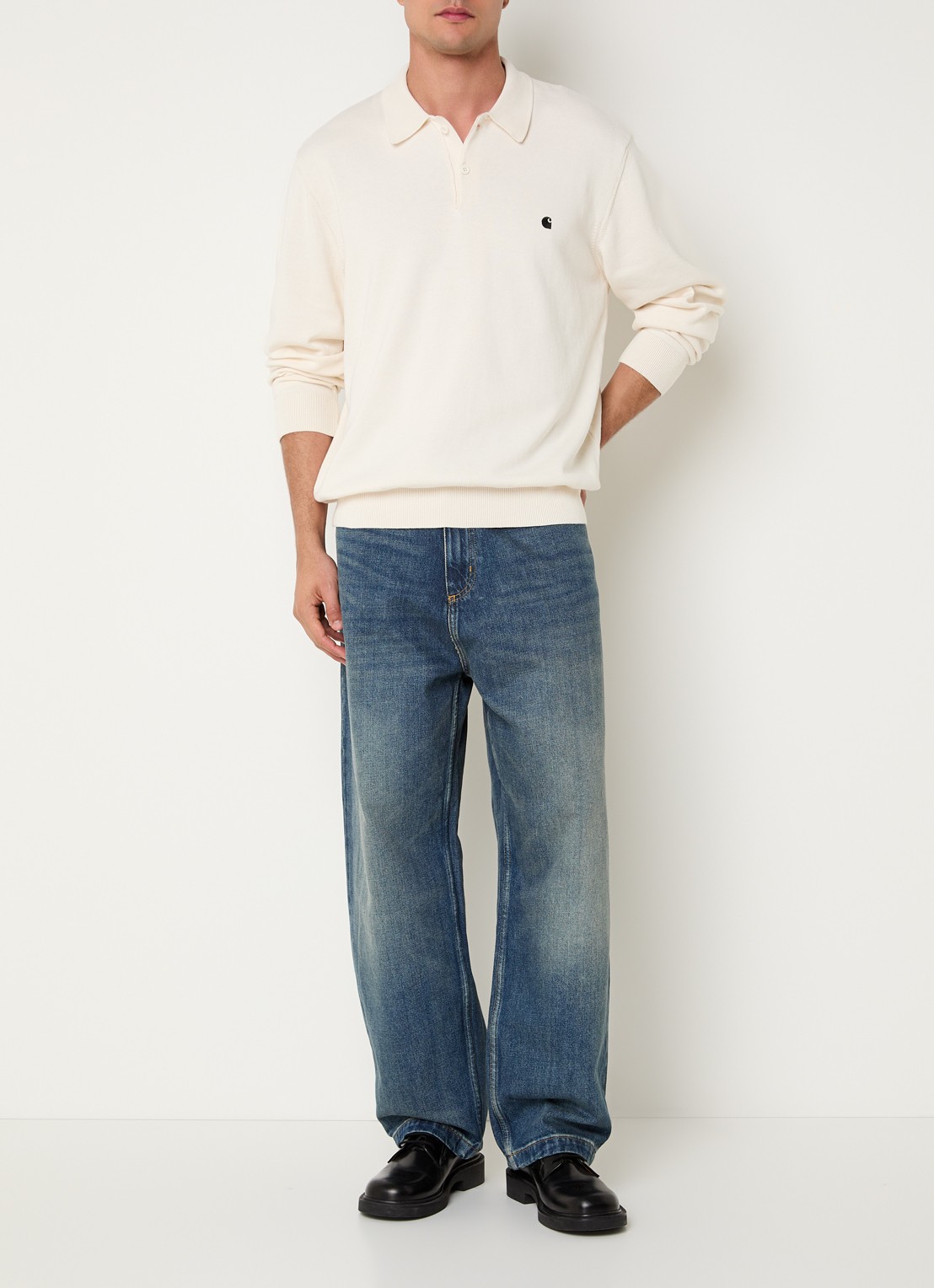 Carhartt WIP Madison fijngebreide polo met logoborduring - voorkant 3 creme
