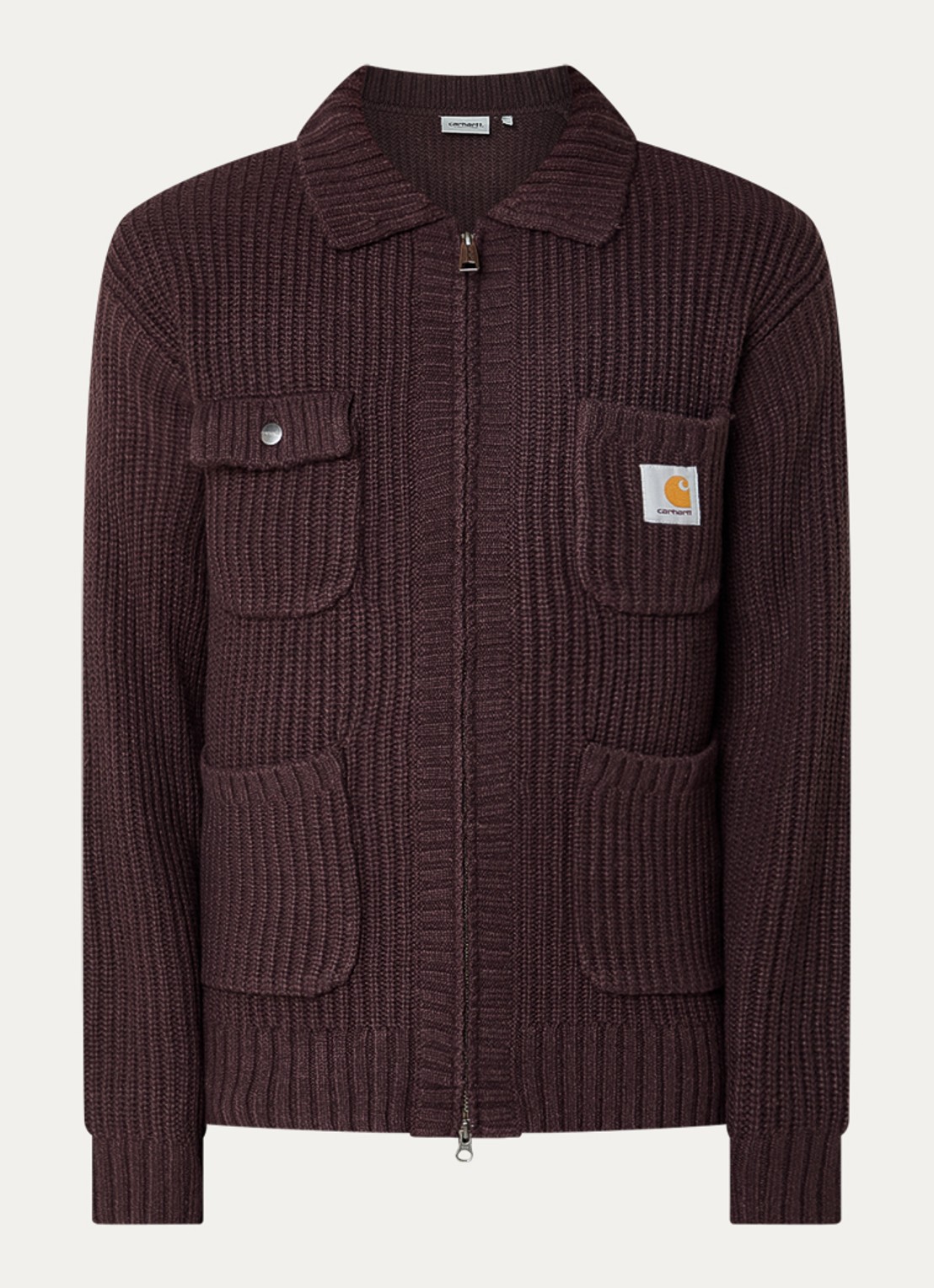 Carhartt WIP Ribgebreid vest in wolblend met opgestikte zakken - voorkant 3 bordeauxrood