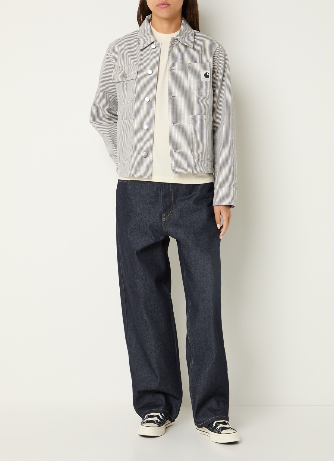 Carhartt WIP Spijkerjas met opgestikte zakken en streepprint - voorkant 4 wit