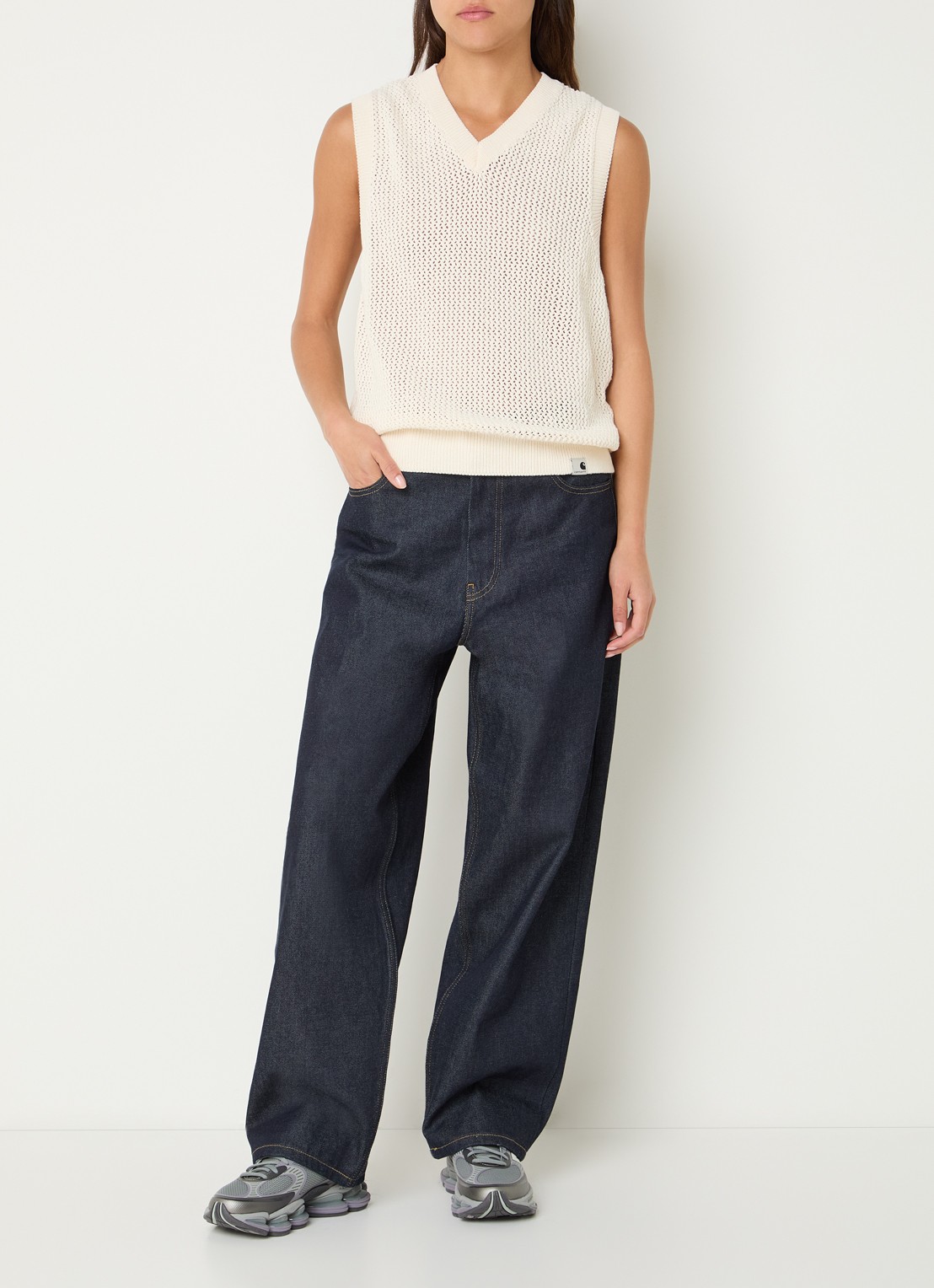 Carhartt WIP Stockton grofgebreide spencer met opengewerkt dessin - voorkant 2 gebroken wit