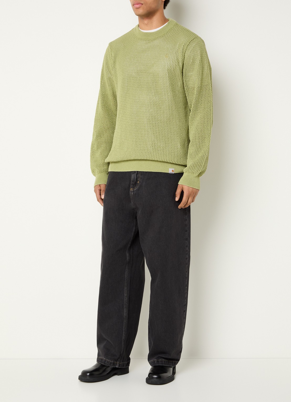 Carhartt WIP Stockton grofgebreide trui met opengewerkt dessin - voorkant 4 beige