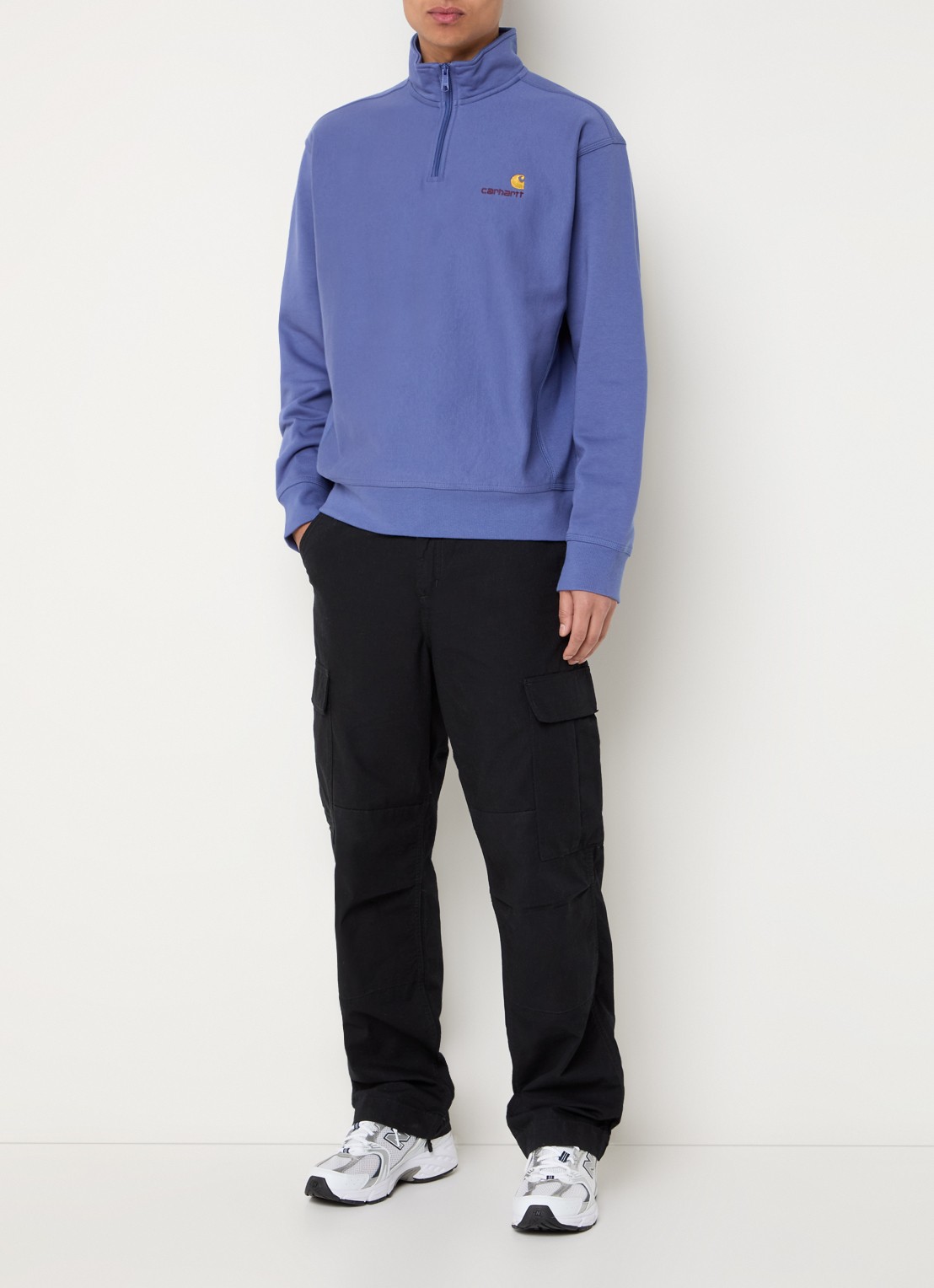 Carhartt WIP Sweater met halve rits en logoborduring - voorkant 3 blauw
