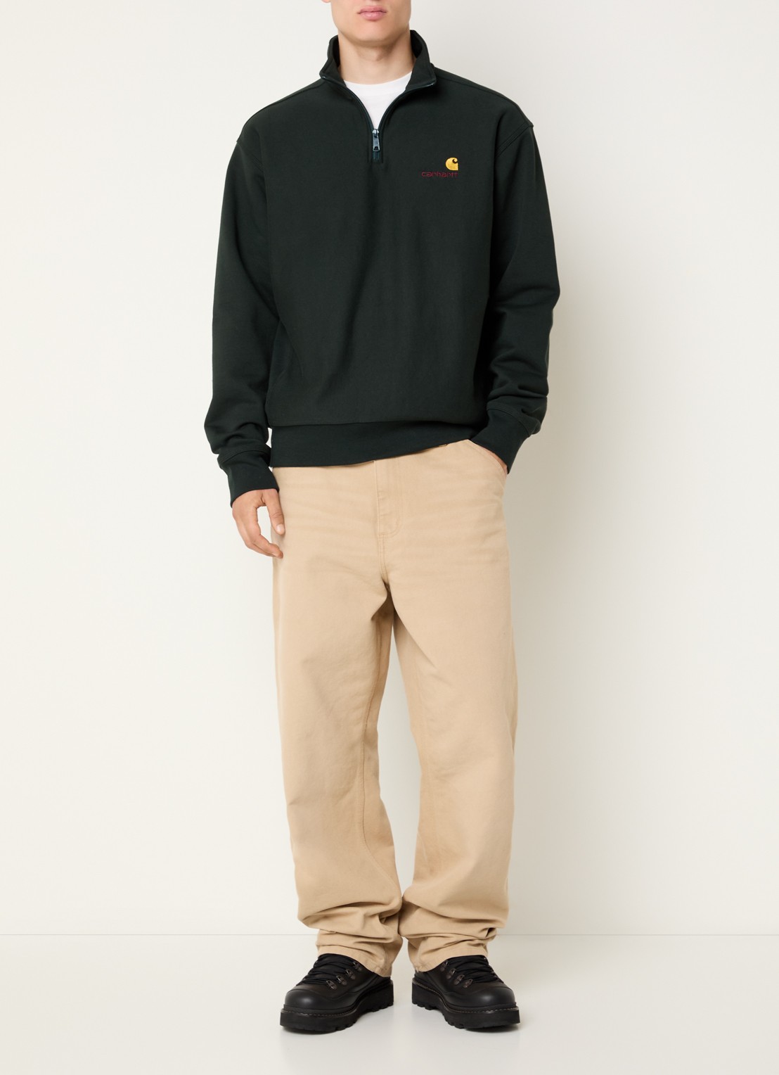Carhartt WIP Sweater met halve rits en logoborduring - voorkant 4 grijs