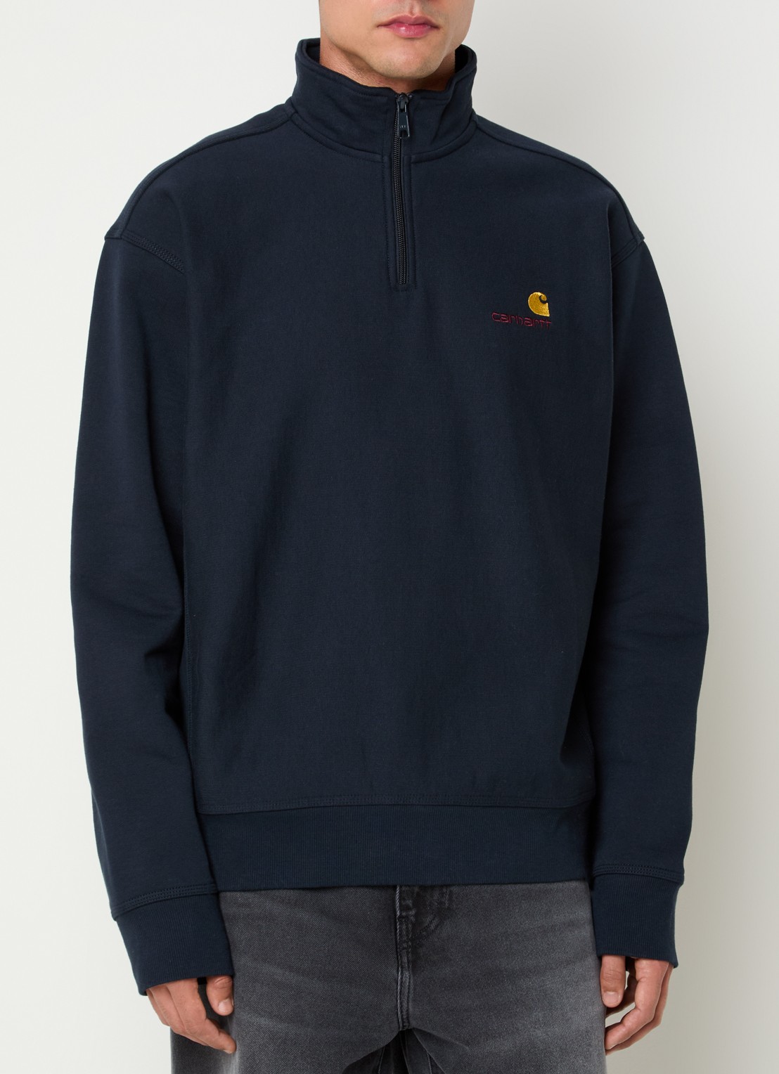 Carhartt WIP Sweater met logo en halve rits - detail 4 donkerblauw