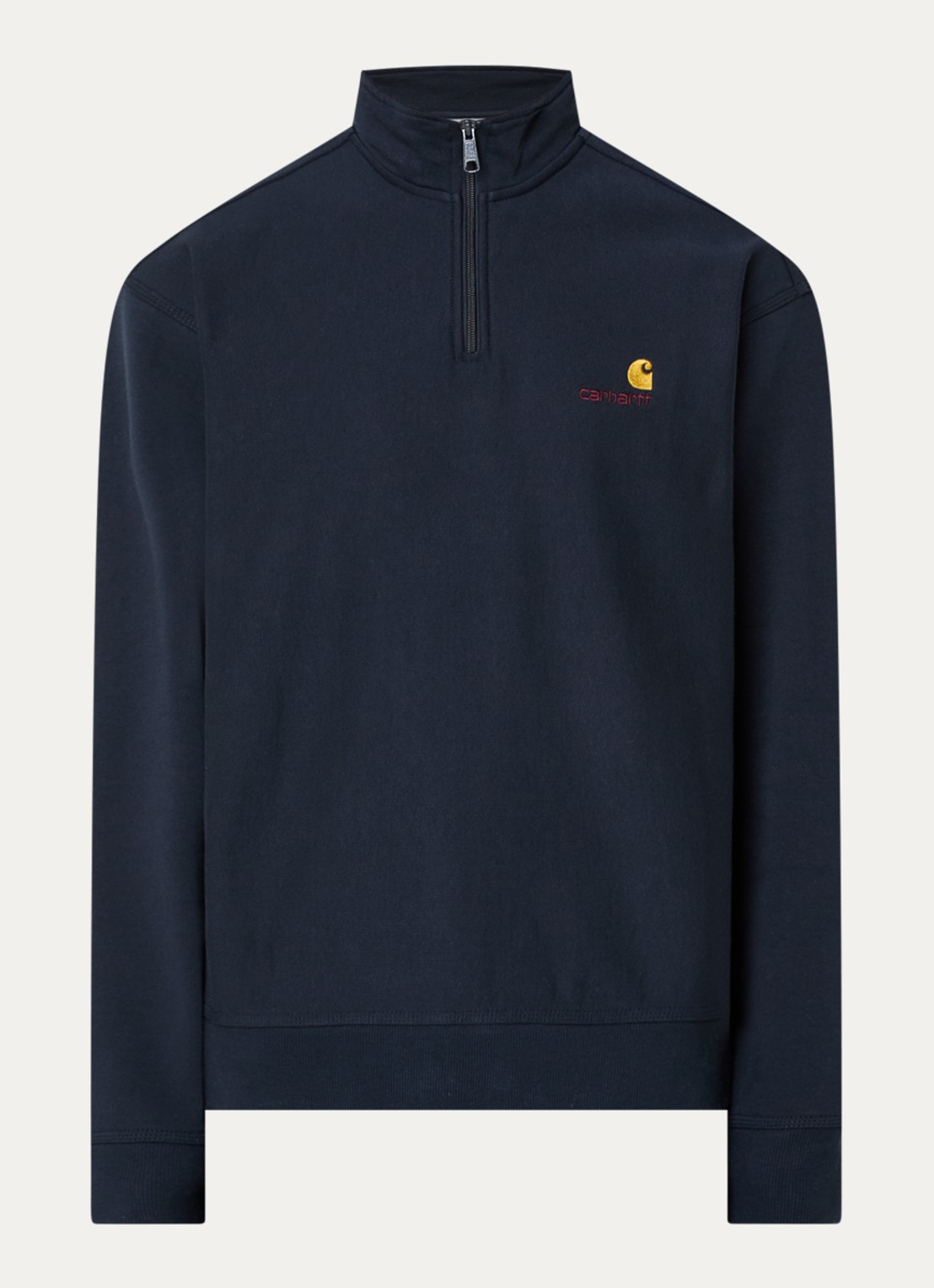 Carhartt WIP Sweater met logo en halve rits - voorkant 2 donkerblauw